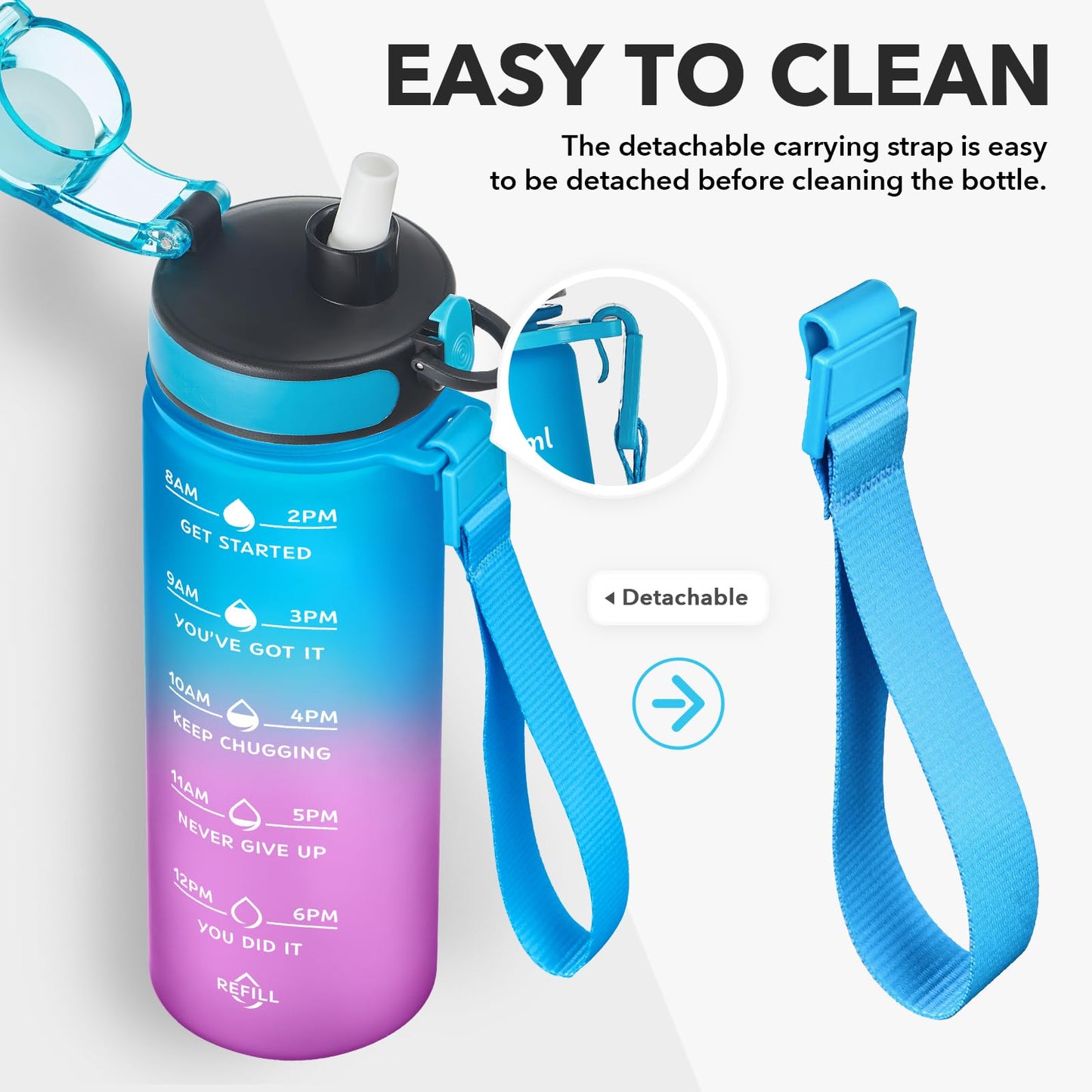 Enerbone 24 oz Water Bottle, Leakproof BPA & Toxic Free, Motivational Water Bottle with Times to Drink and Straw, Fitness Sports Water Bottle with Strap for Office, Gym, Outdoor Sports