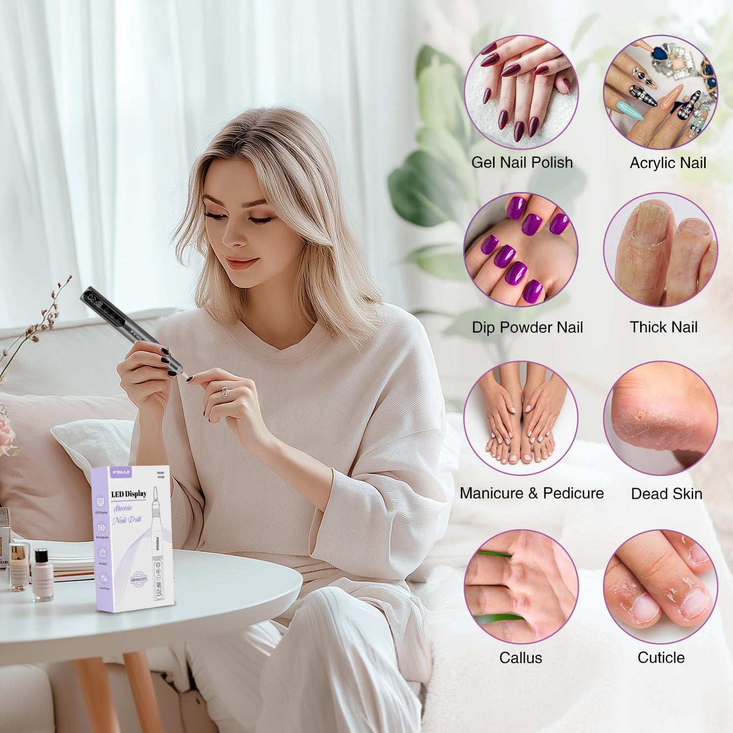 Electric Cordless Nail Drill File: LED Display Professional Portable Nail Drill for Acrylic Gel Dip Powder Nails Manicure Pedicure Kit Tool with Nail Drill Bits Sanding Bands, Grey