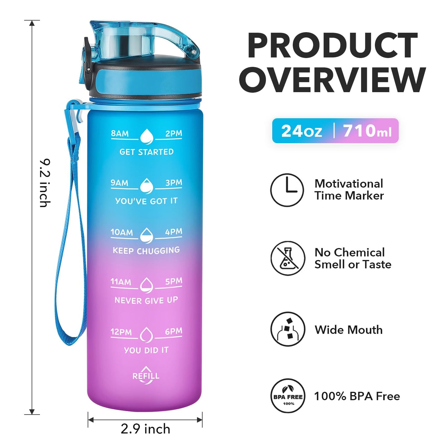 Enerbone 24 oz Water Bottle, Leakproof BPA & Toxic Free, Motivational Water Bottle with Times to Drink and Straw, Fitness Sports Water Bottle with Strap for Office, Gym, Outdoor Sports