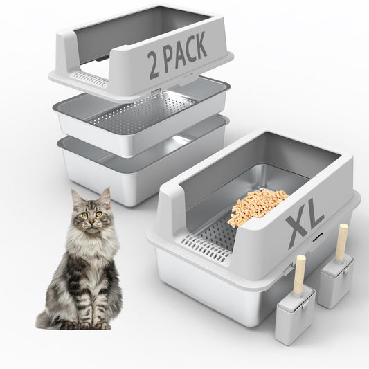 2PACK Stainless Steel Sifting Litter Box for Pine Pellets,Enclosed Metal Sifting Cat Litter Box with Lid,High Sides, Anti-Urine Leakage