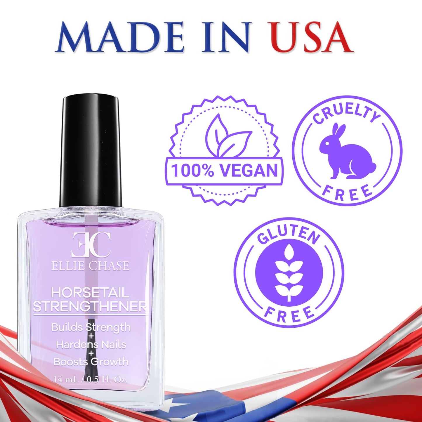 Ellie Chase Horsetail Nail Strengthener, Growth, Hardener, Repair Treatment Polish 0.5 OZ/Help Splits, Breaks, Thin, Weak, Chipped, Damaged, Cracked, Peeling Nails/Grow Strong Hard Thicker Nails