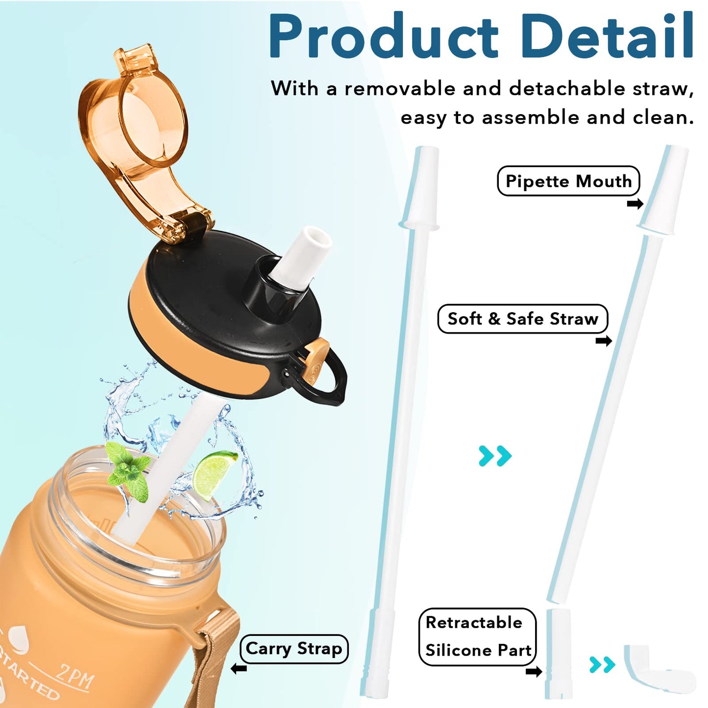 Enerbone 32 oz Water Bottle, Leakproof BPA & Toxic Free, Motivational Water Bottle with Times to Drink and Straw, Fitness Sports Water Bottle with Strap for Office, Gym, Outdoor Sports