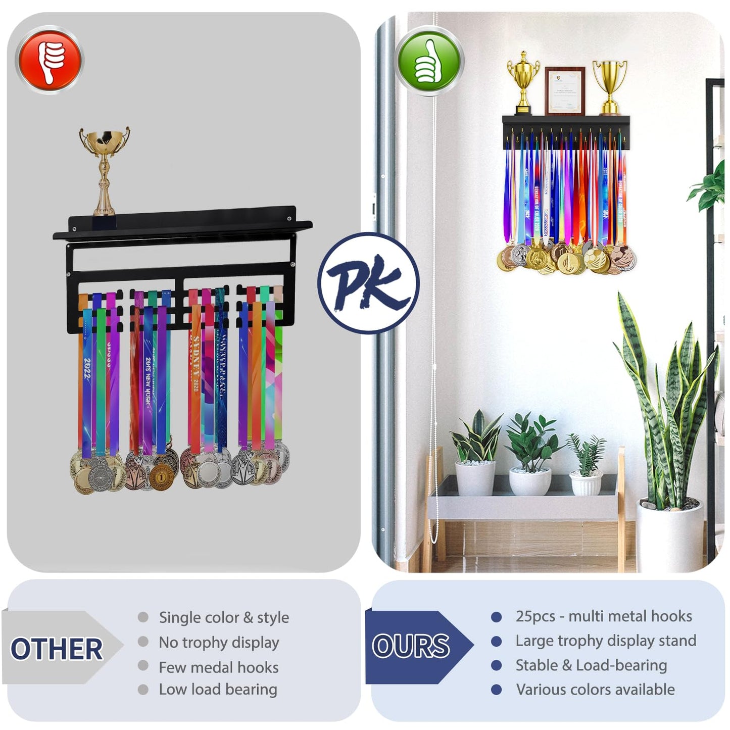 DSVENROLY Medal Holder Display Trophy Shelf Organizer,Sturdy Wooden Medal Trophy Hanger Rack with 25 Steel Hooks, Wall Mount Medal Hanger for Race Medals Trophies(2Pc, Retro Grey)