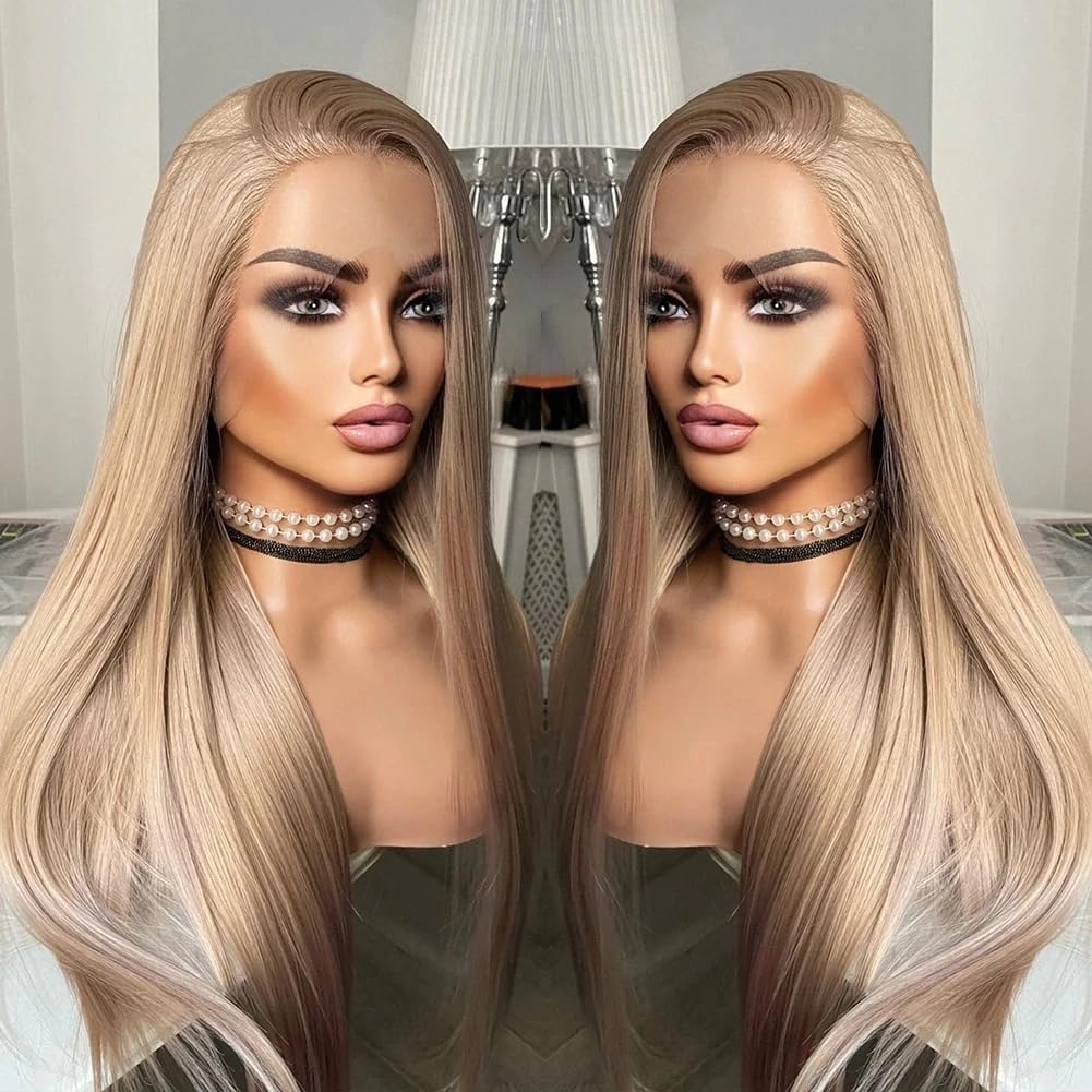 ELESTY Blonde Straight Synthetic Lace Front Wigs for Women 13 * 4 Big Lace Free Part Ash Blonde Heat Resistant Fiber Hair Synthetic Wig Pre Plucked Natural Hairline Glueless Lace Wigs Daily Wigs