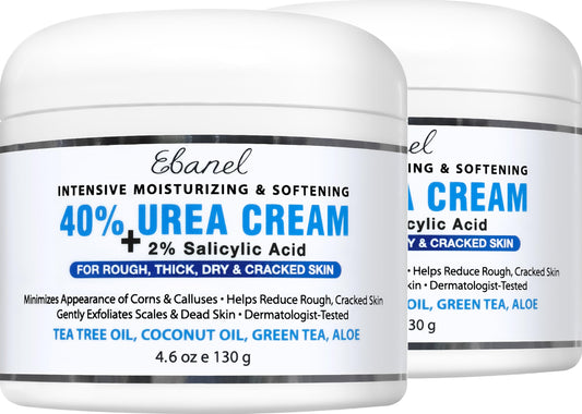 Ebanel Urea Cream 40% plus Salicylic Acid 2%, Foot Cream for Dry Cracked Heels Feet Knees Elbows Hands, Foot Dead Skin Cuticle Callus Remover Toenail Softener, Keratolytic Skin Barrier Repair, 2-Pack
