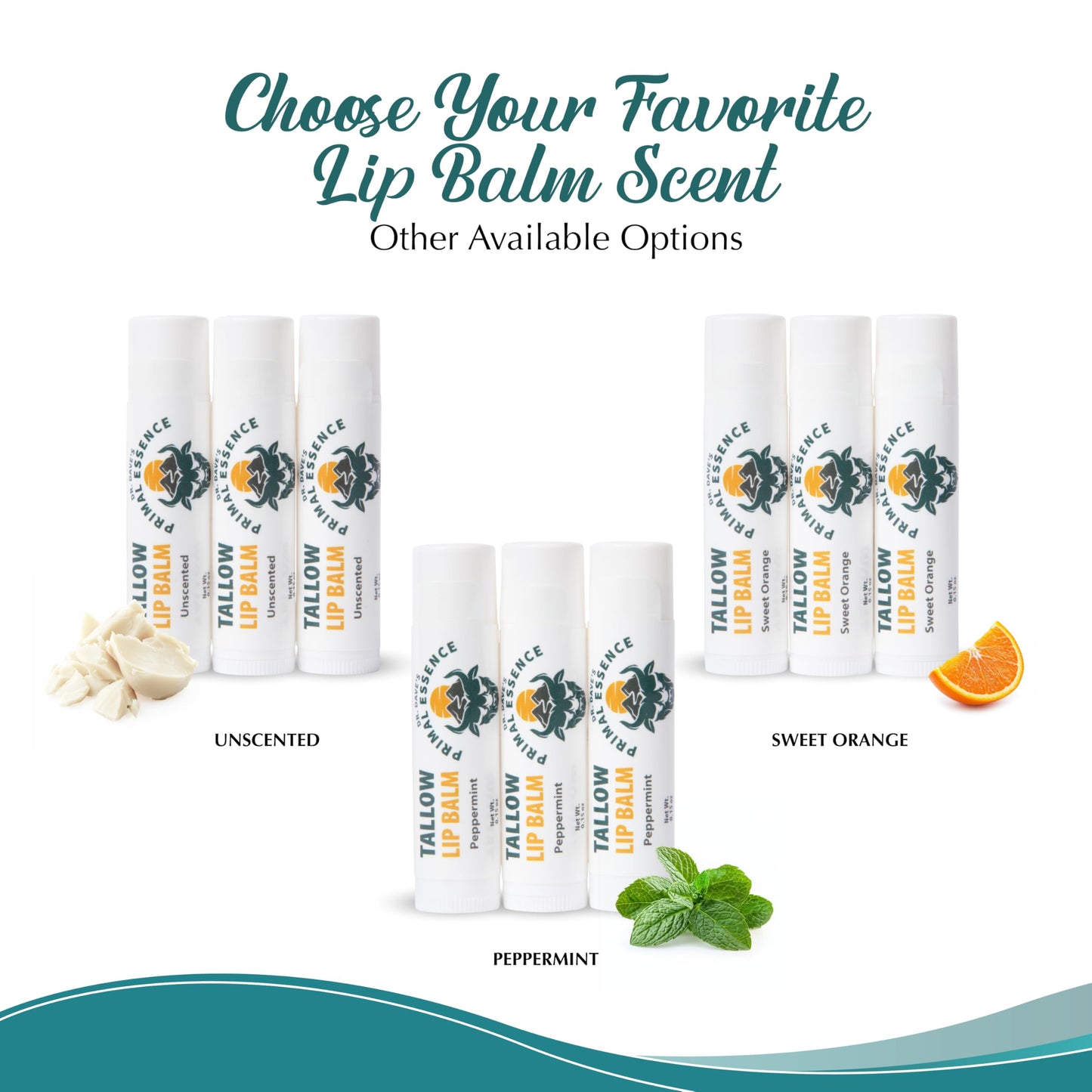 Dr. Dave's Primal Essence Moisturizing Tallow Lip Balm - Grass-Fed Beef Tallow with Organic Coconut Oil, Beeswax and Vitamin E - Variety Pack, 3-Pack