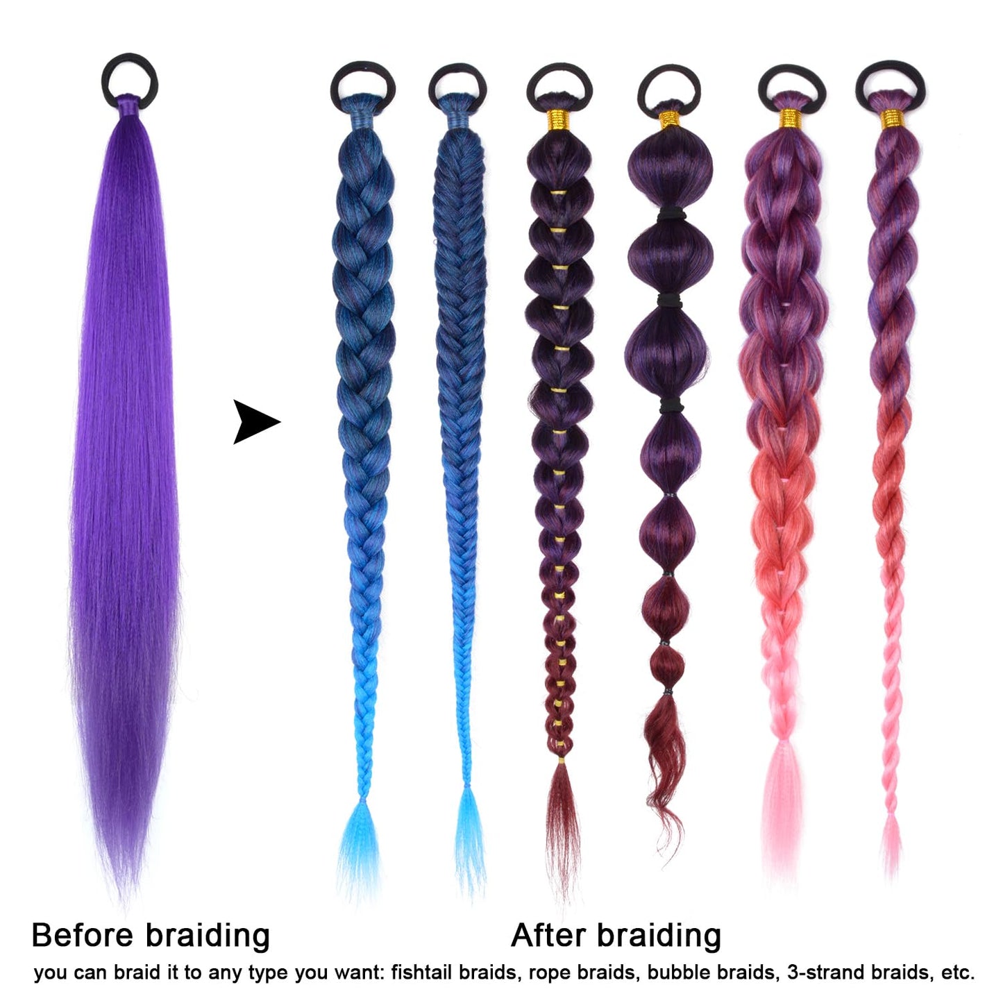 2 Pack Purple Ponytail Extension with Elastic Tie Straight Sleek Wrap Around Braid Ponytail 26 Inch (Purple#)