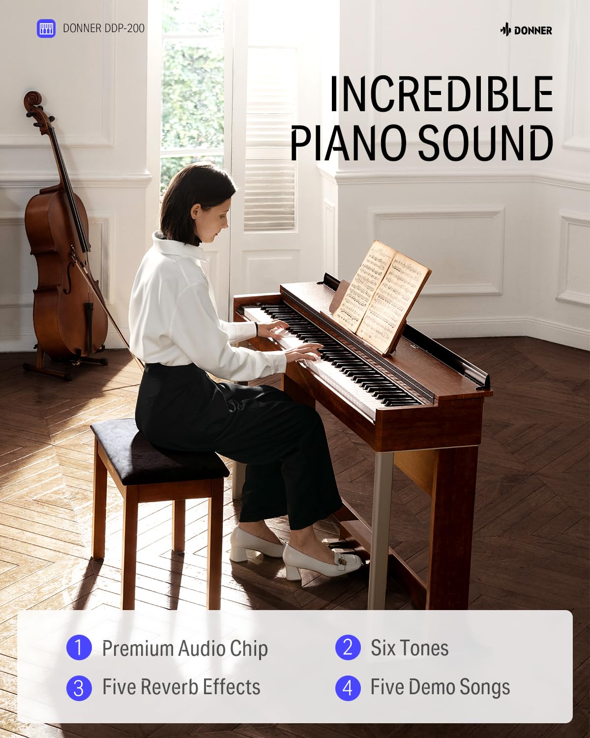 Donner Digital Piano with 88 Key Dynamic Graded Hammer Action Weighted Keyboard Piano, DDP-200 Upright Digital Piano for Professional with LCD Screen/5 Reverb/BT MIDI/Three Pedal