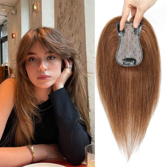 EROADE Toppers for Women Real Human Hair, 3D Human Hair Toppers for Women with Thinning Hair 165% Density Middle Part Clip in Bangs Toppers Hair Pieces (Light Brown, Side Bangs)