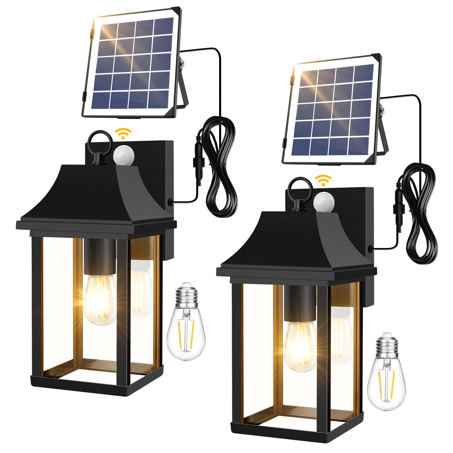 2 Pack Solar Porch Lights Outdoor, Dusk to Dawn Motion Sensor Solar Wall Lantern with 3 Modes, Separate Panel & Power Replaceable Exterior Waterproof Wall Sconce Lighting Lamp for House Garage Patio