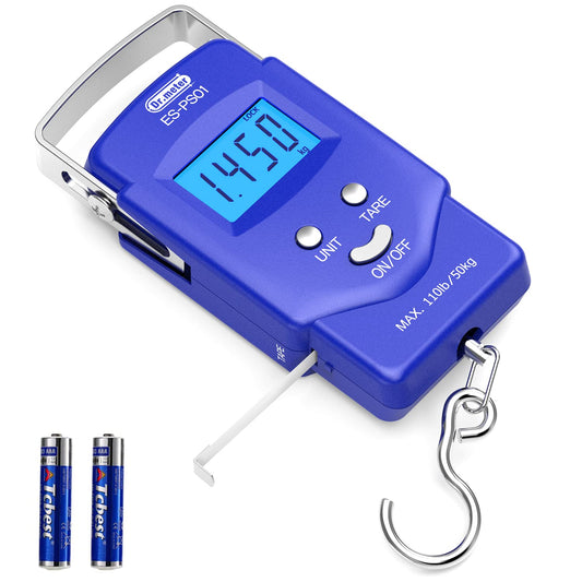 Dr.meter Fish scale, Backlit LCD Display 110lb/50kg PS01 Fishing Scale with Measuring Tape, Electronic Balance Digital Fishing Postal Hanging Hook Scale with 2 AAA Batteries-Fishing Gifts for Men,Blue