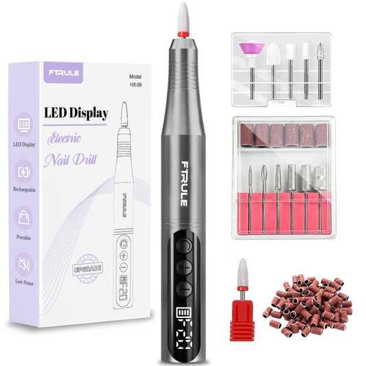 Electric Cordless Nail Drill File: LED Display Professional Portable Nail Drill for Acrylic Gel Dip Powder Nails Manicure Pedicure Kit Tool with Nail Drill Bits Sanding Bands, Grey