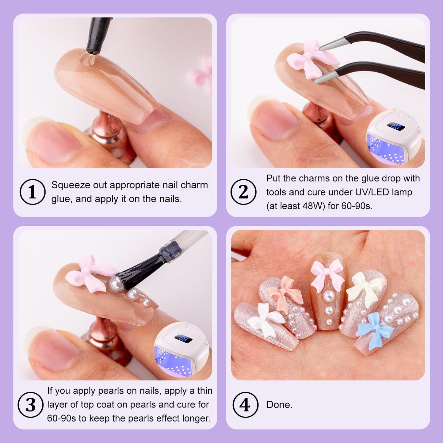 120 Pcs 3D Nail Bow Charms + 2-4mm Nail Pearls Set 10, Pink White Black Bow Nail Charms and White Flatback Pearls with Nail Charm Glue Gel(UV Needed) and Pickup Tools for Nail Art Decoration