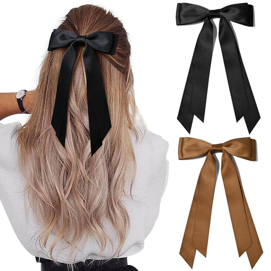 2PCS Silky Satin Hair Bows Hair Clip Black Brown Hair Ribbon Ponytail Holder Accessories Slides Metal Clips Hair Bow for Women Girls Toddlers Teens Kids