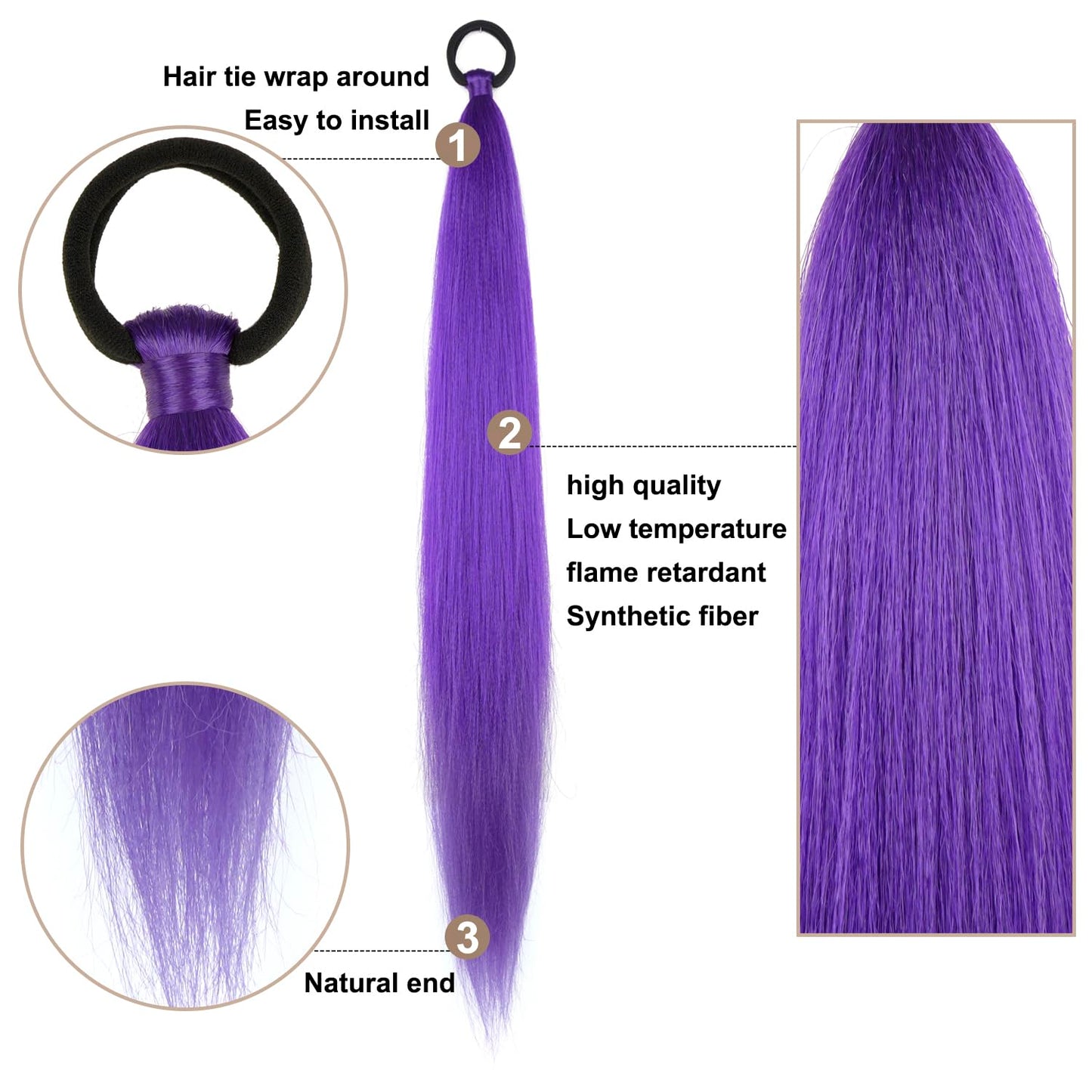 2 Pack Purple Ponytail Extension with Elastic Tie Straight Sleek Wrap Around Braid Ponytail 26 Inch (Purple#)