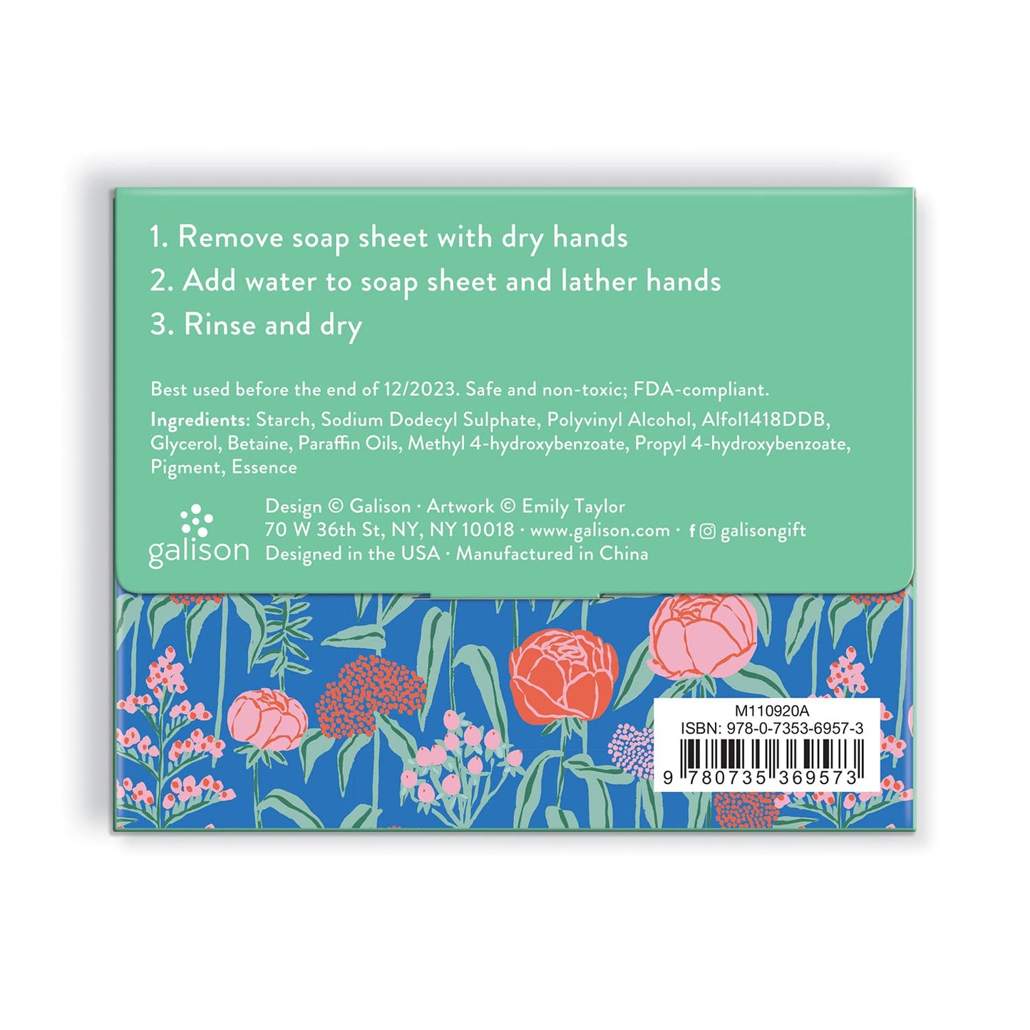 Emily Taylor Soap Sheets from Galison - 1 Package (30 Unscented Sheets), Convenient Biodegradable Hand Soap Sheets for On-The-Go Life, Features Beautiful Floral Design, 2.65” x 3.25” x 0.2”