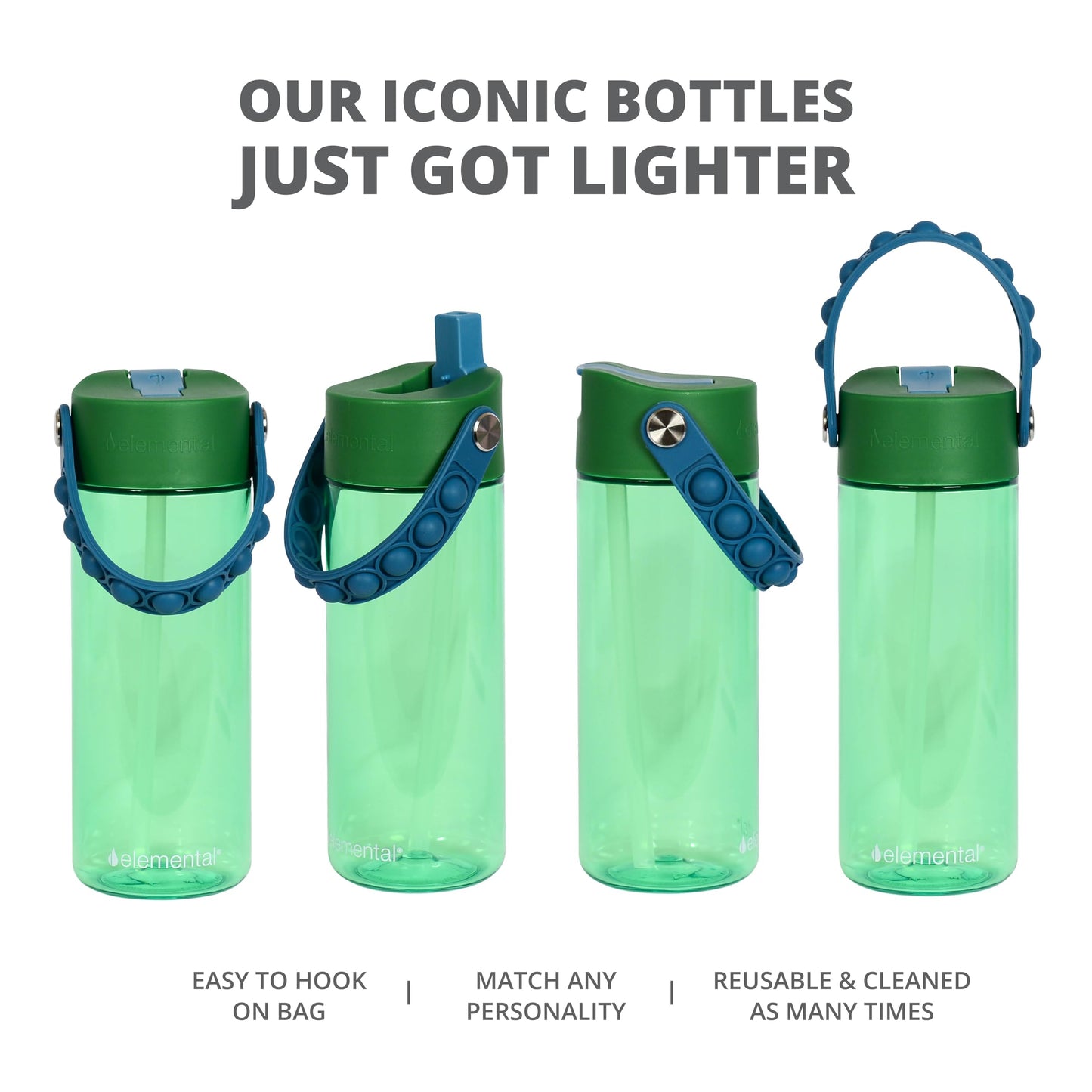 Elemental Leak Proof Water Bottles for Kids - Splash Kids Water Bottle for School with Fun Fidget Pop-it Handle - Tritan Plastic Water Bottle with Straw - Dinosaur & Green - 18oz (2 Pack)