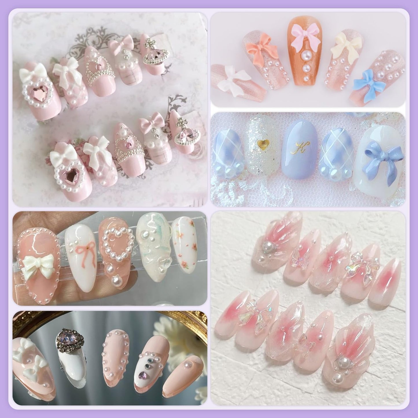 120 Pcs 3D Nail Bow Charms + 2-4mm Nail Pearls Set 10, Pink White Black Bow Nail Charms and White Flatback Pearls with Nail Charm Glue Gel(UV Needed) and Pickup Tools for Nail Art Decoration