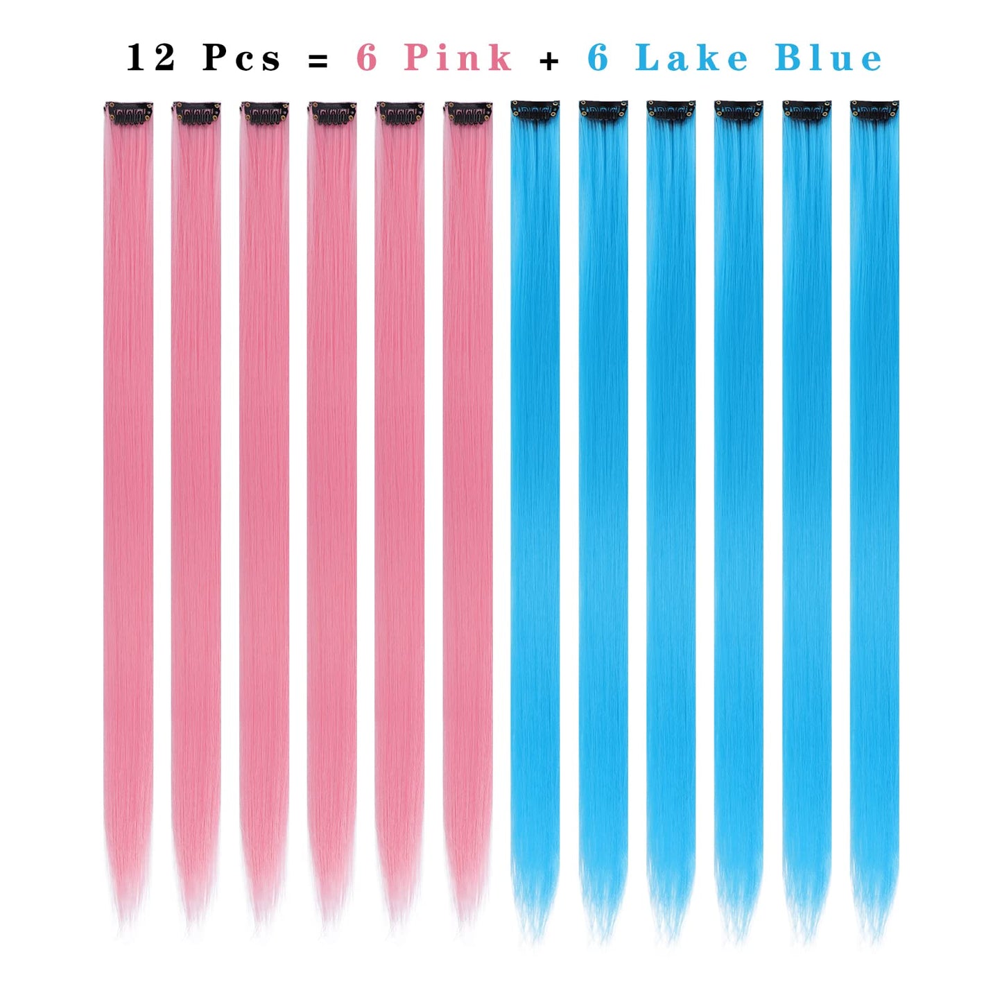 12PCS Colored Pink and Lake Blue Hair Extensions 22 Inch Colorful Clip in Hair Extensions Straight Synthetic Hairpiece for Women Kids Girls Halloween Christmas Cosplay(12Pcs-Pink and Lake Blue)