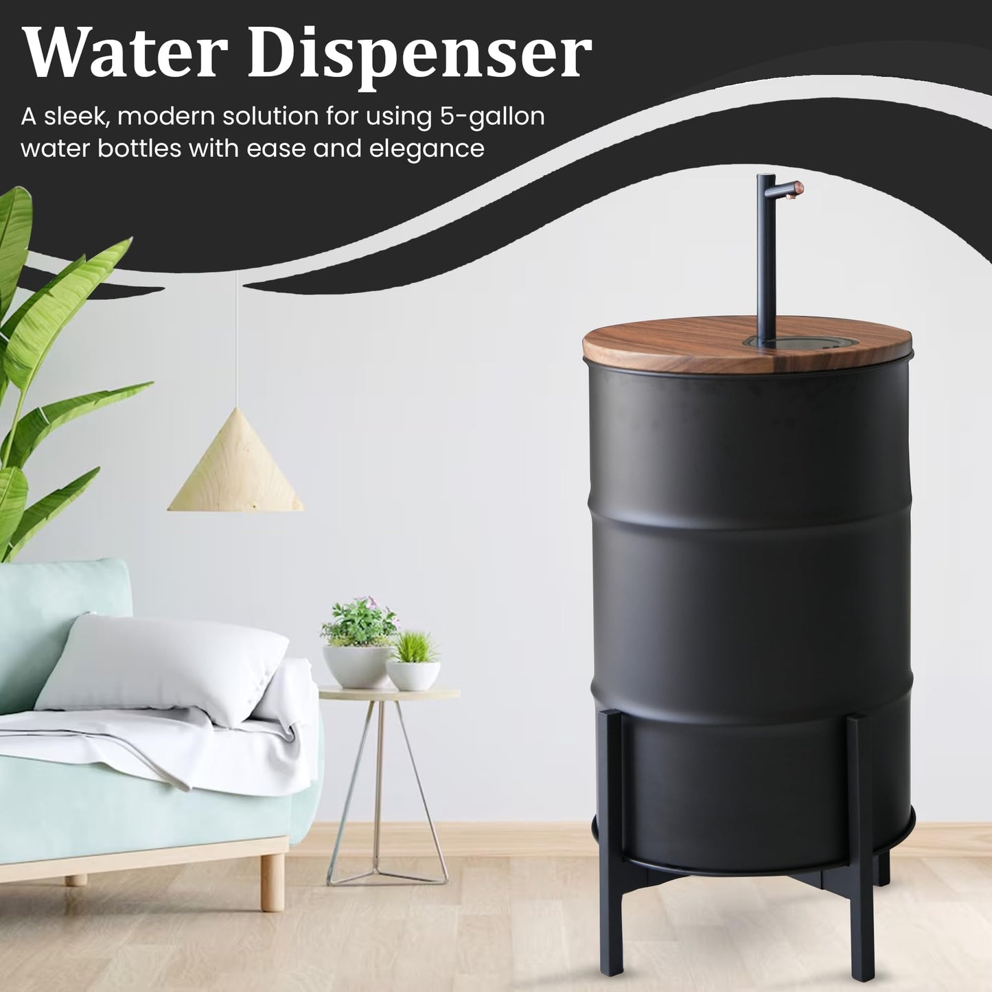 Electric Wooden Water Dispenser for 5-Gallon Bottle – Concealed Storage for 5 Gallon Water Jug, Silent Rechargeable Motor – Scratch & Rust-Resistant - Black