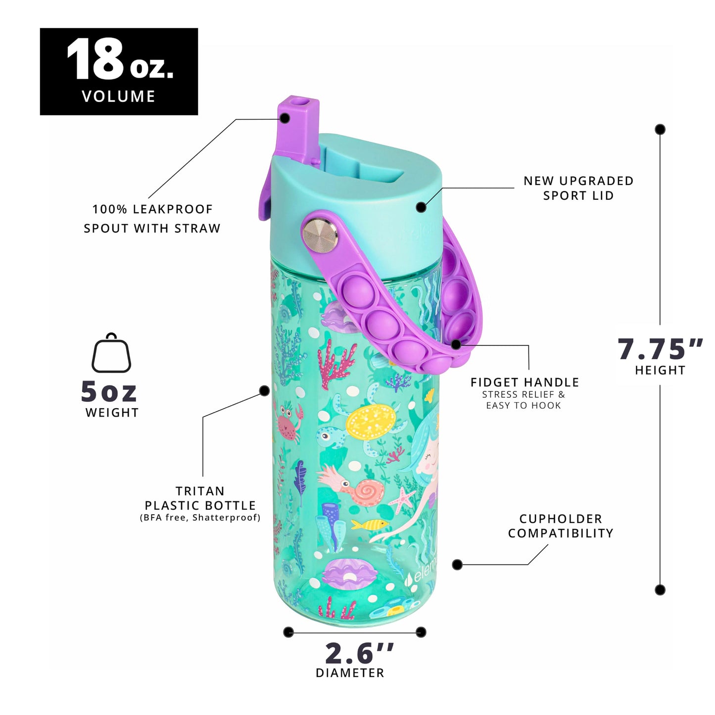 Elemental Leak Proof Water Bottles for Kids - Splash Kids Water Bottle for School with Fun Fidget Pop-it Handle - Tritan Plastic Water Bottle with Straw - Mermaid & Rose - 18oz (2 Pack)