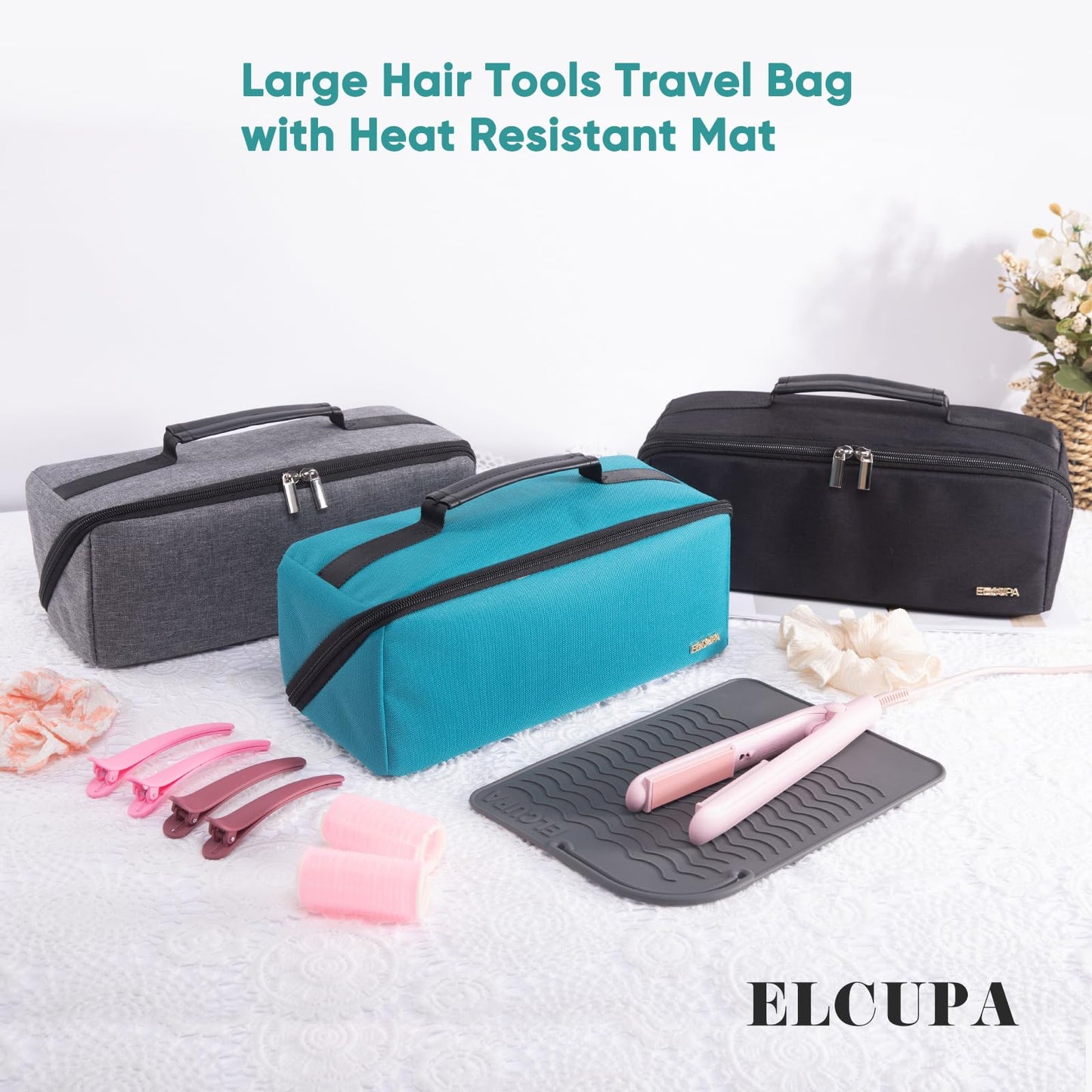 ELCUPA Large Travel Bag - 2in1 Hair Tools Organizer for Dryer Brush, Flat Irons, Straighteners, Curling Irons, Makeup Bag for Travel Essentials