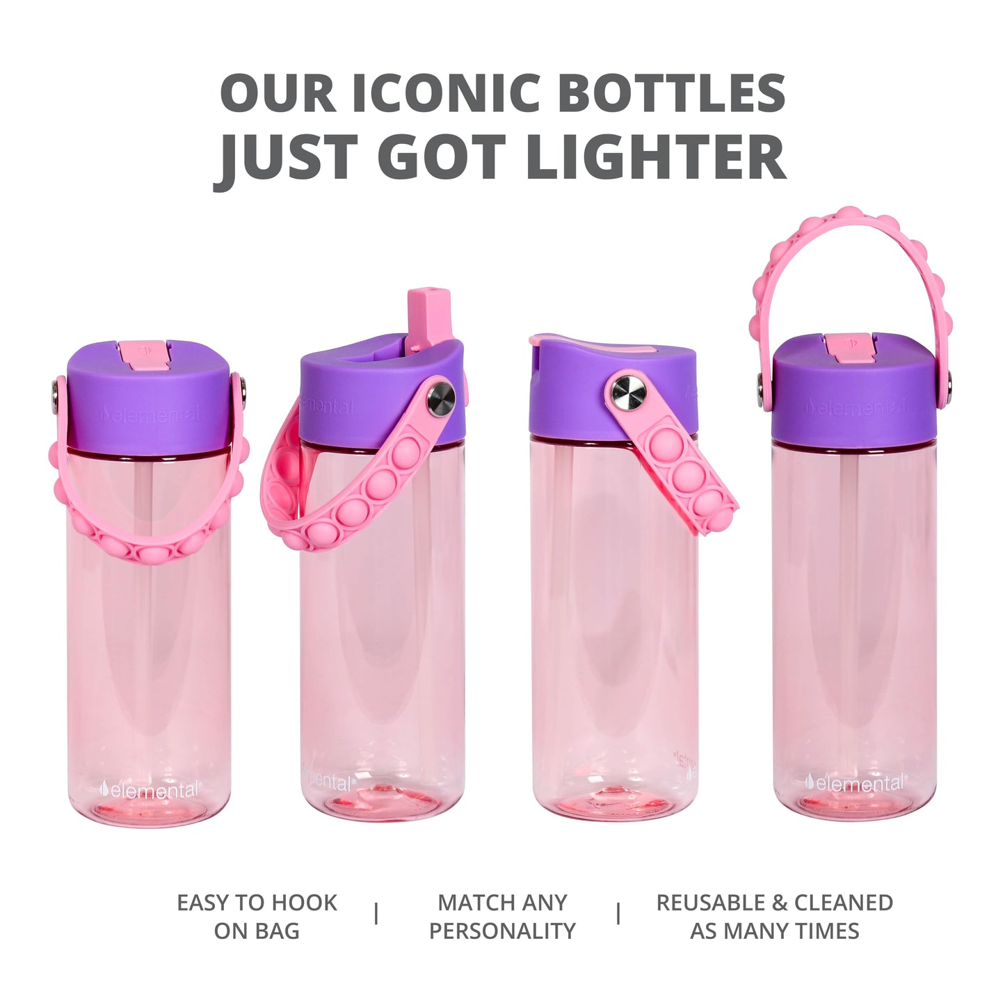 Elemental Leak Proof Water Bottles for Kids - Splash Kids Water Bottle for School with Fun Fidget Pop-it Handle - Tritan Plastic Water Bottle with Straw - Mermaid & Rose - 18oz (2 Pack)