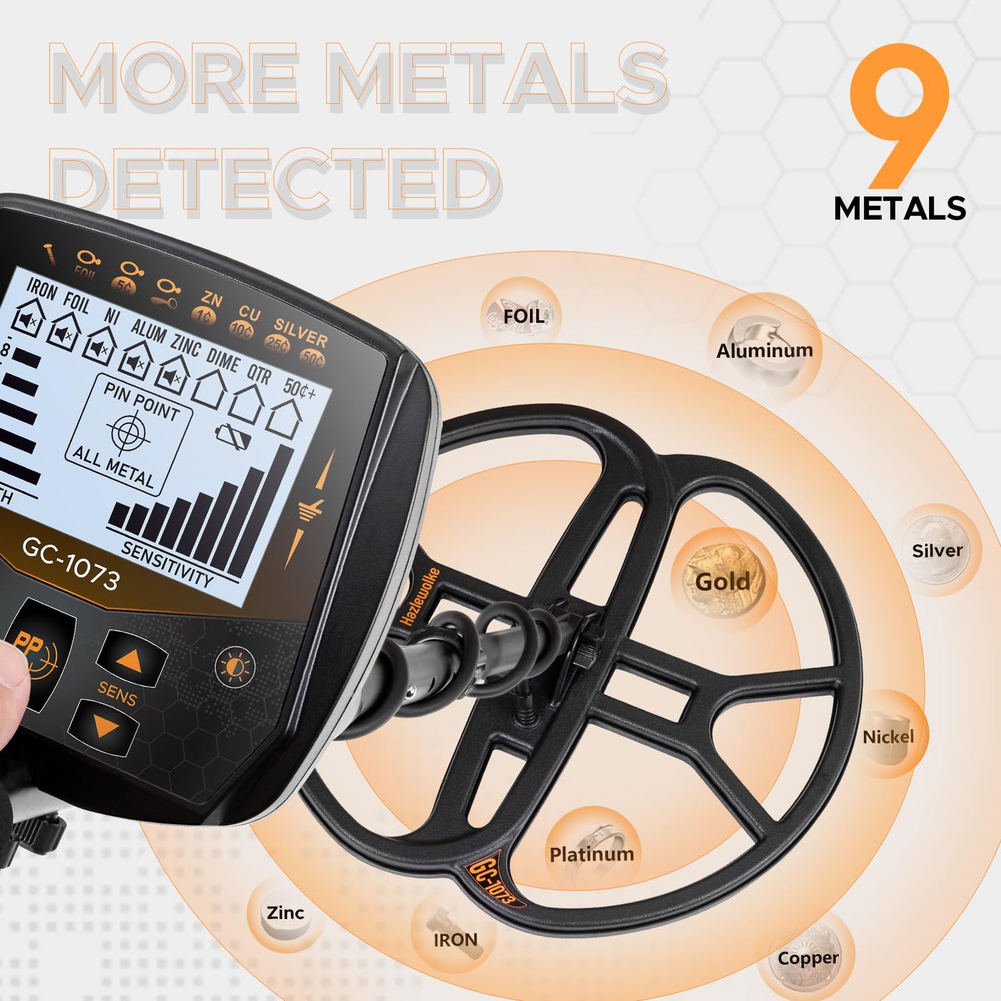 13" Metal Detector for Adults Professional, Double-D Waterproof Search Coil Gold Finder with Pinpoint, High Sensitivity DISC Mode, LCD Backlight Display Gold Detector