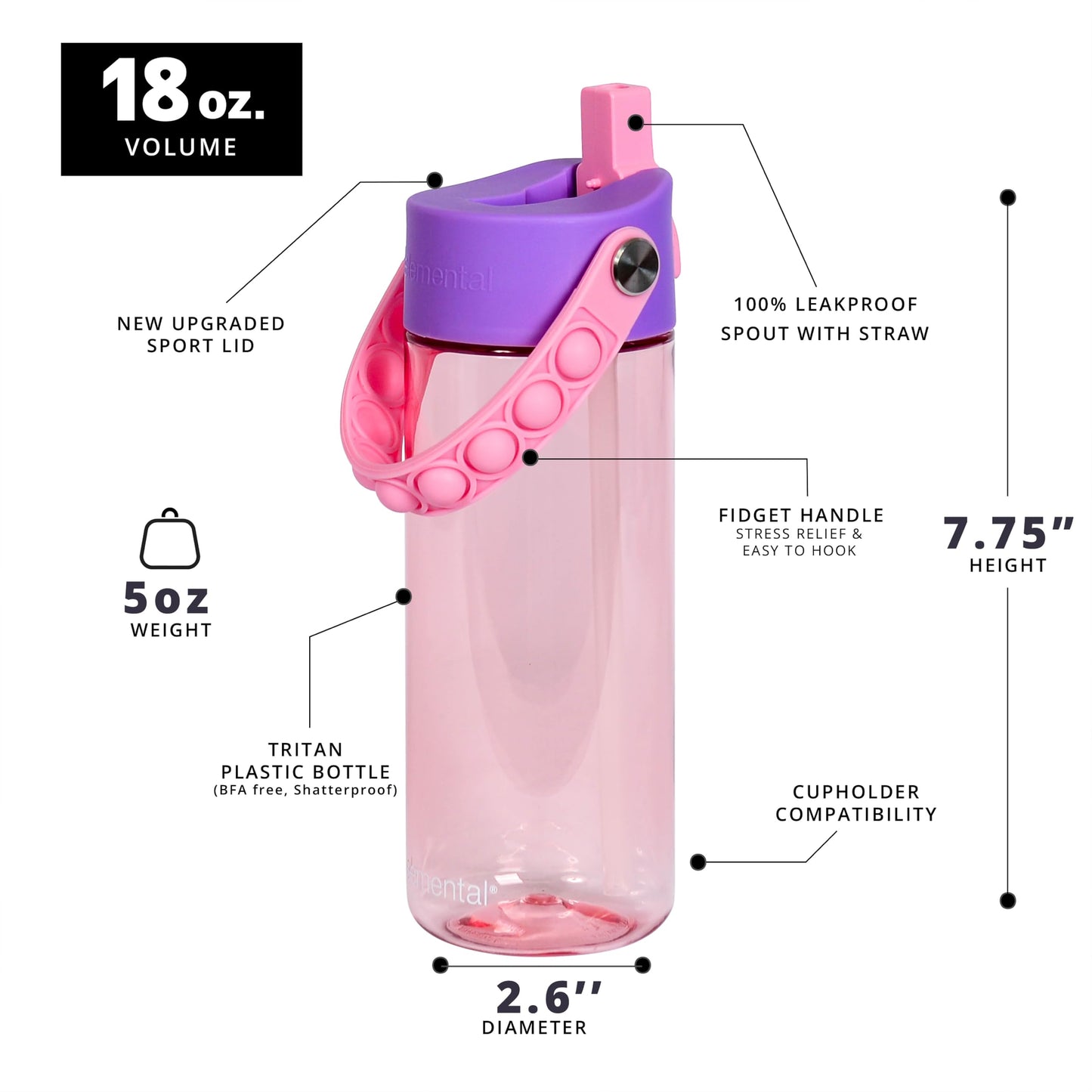 Elemental Leak Proof Water Bottles for Kids - Splash Kids Water Bottle for School with Fun Fidget Pop-it Handle - Tritan Plastic Water Bottle with Straw - Mermaid & Rose - 18oz (2 Pack)