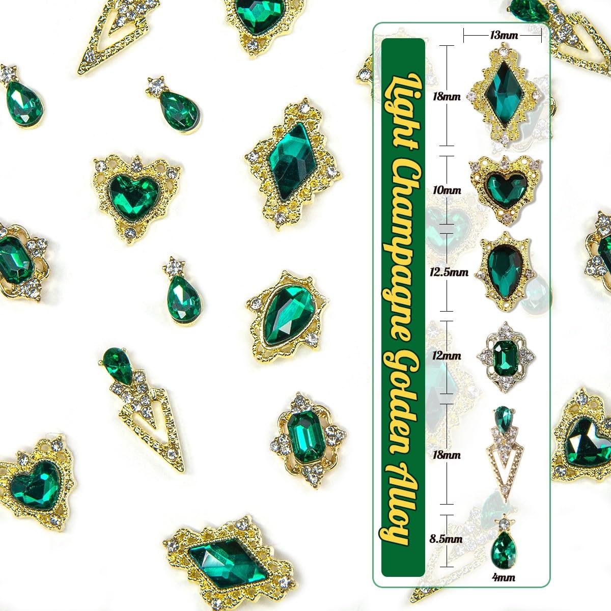 Emerald Green Nail Rhinestones - 24pc Luxury Nail Art Charms with Green Heart & Big Gems