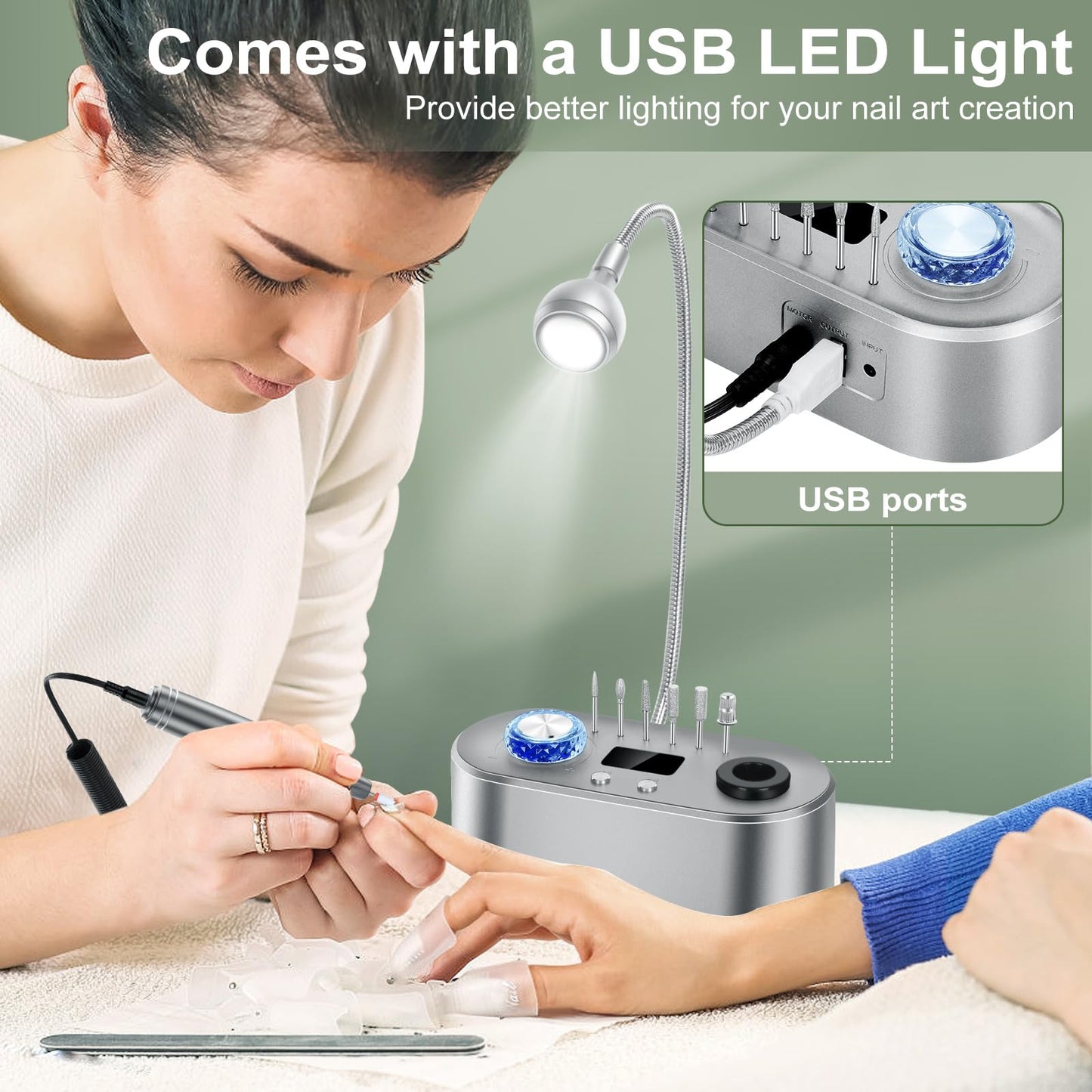 Electric Nail Drill Machine, 40000RPM Professional E File Nail Drill Kit for Gel Acrylic Nails,High Speed Low Vibration Low Heat Nail Grinding with LED Light, 7 Bits, F/R Rotation, LCD Screen (Grey)