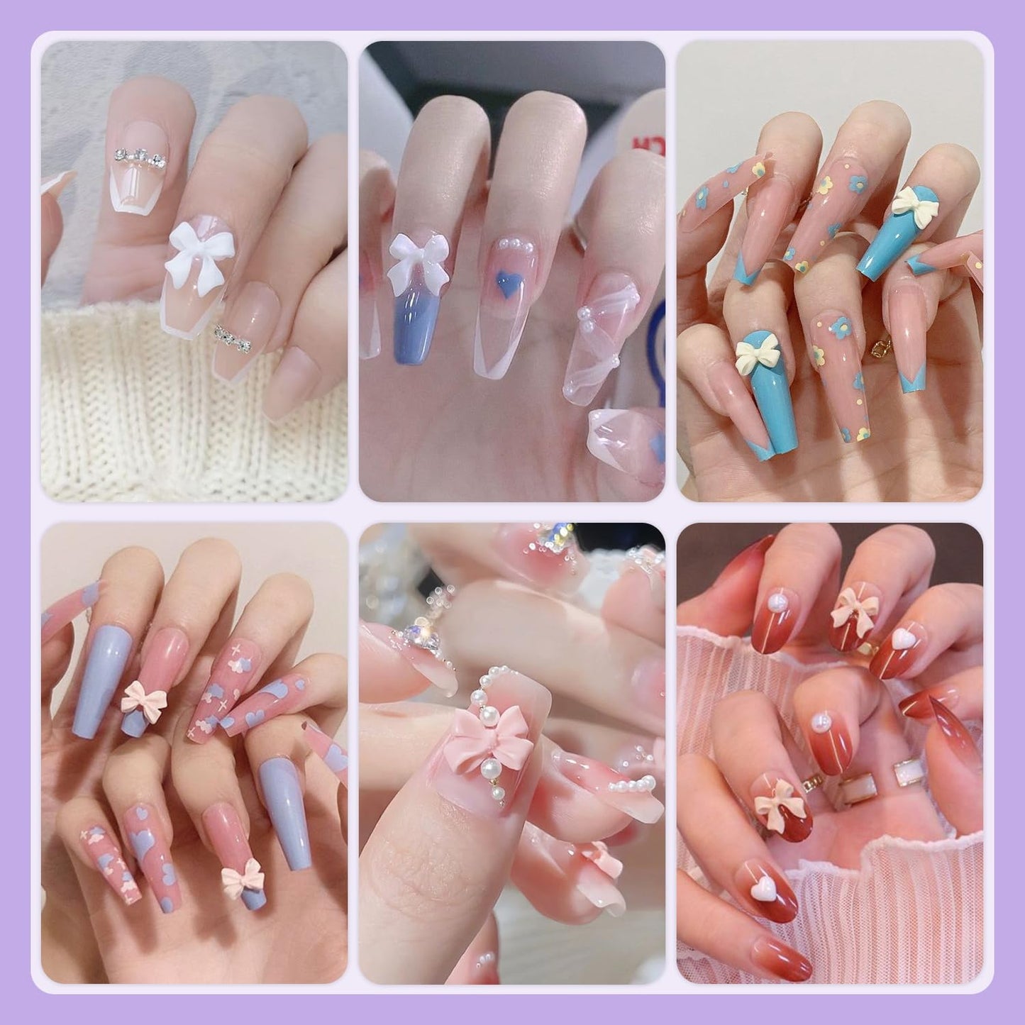 120 Pcs 3D Nail Bow Charms + 2-4mm Nail Pearls Set 10, Pink White Black Bow Nail Charms and White Flatback Pearls with Nail Charm Glue Gel(UV Needed) and Pickup Tools for Nail Art Decoration