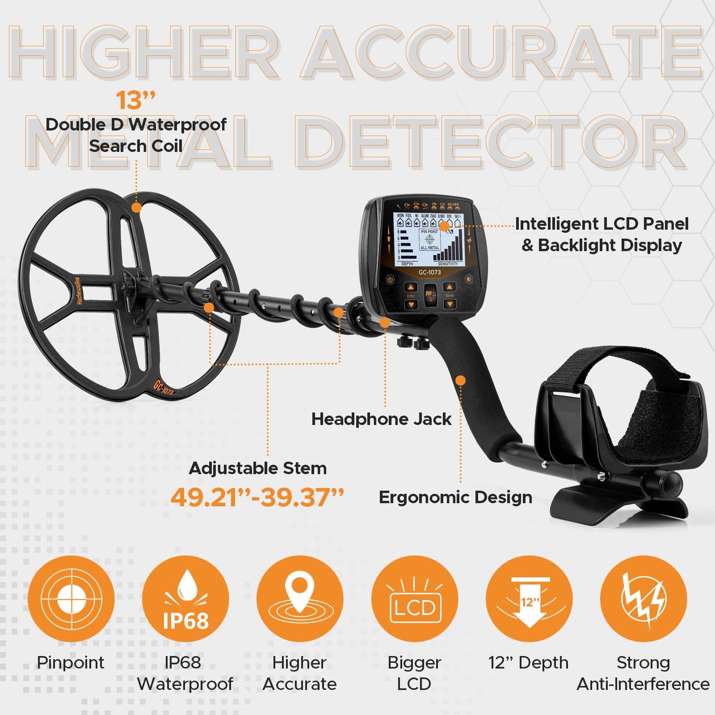 13" Metal Detector for Adults Professional, Double-D Waterproof Search Coil Gold Finder with Pinpoint, High Sensitivity DISC Mode, LCD Backlight Display Gold Detector