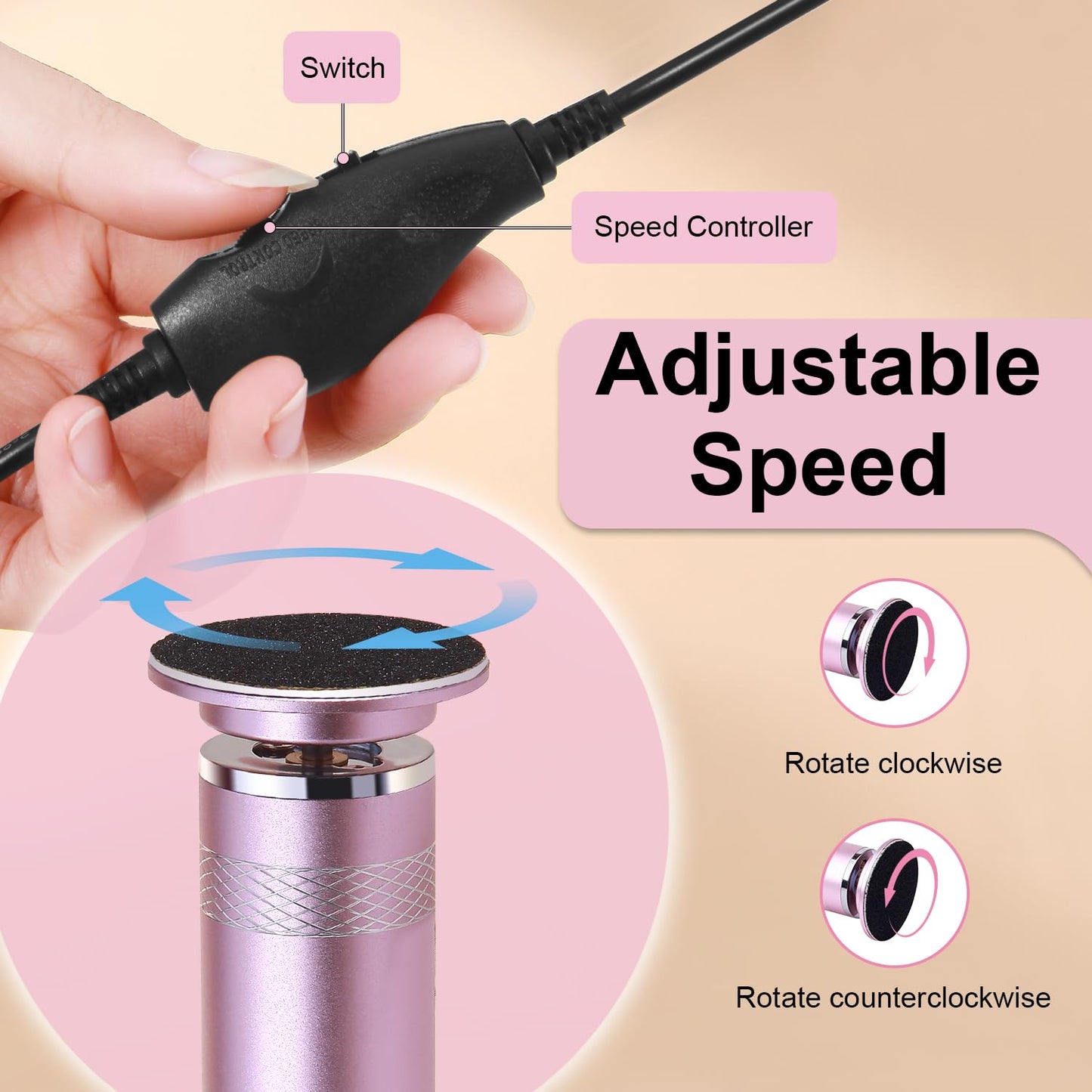 Electric Foot Callus Remover, Upgrade Electric Foot File, Adjustable Speed Foot File with 60 Pcs Sandpaper Discs, Electric Foot File Callus Remover for Cracked, or Tough Skin and Calluses, Pink