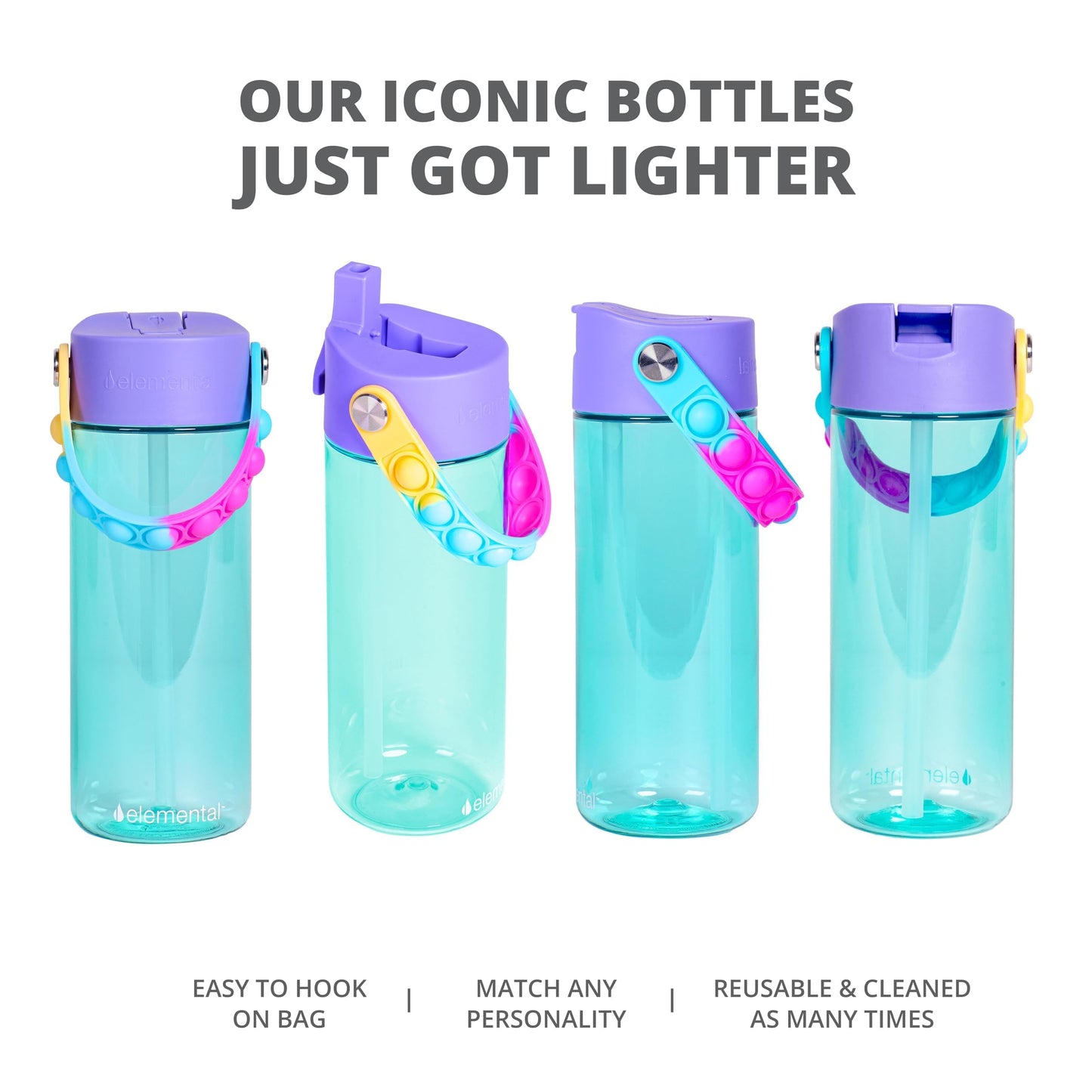 Elemental Leak Proof Water Bottles for Kids - Splash Kids Water Bottle for School with Fun Fidget Pop-it Handle - BPA Free Tritan Plastic Reusable Water Bottle with Straw - Blue Tie Dye - 18oz