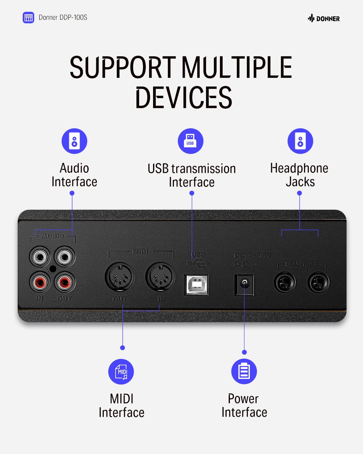 Donner DDP-100S Digital Piano 88 Key Weighted Graded Hammer-Action Piano Keyboard with MIDI In/Out, 200 Sounds & Rhythms, 100 Demo, Electric Piano with Bench for Beginner Professional