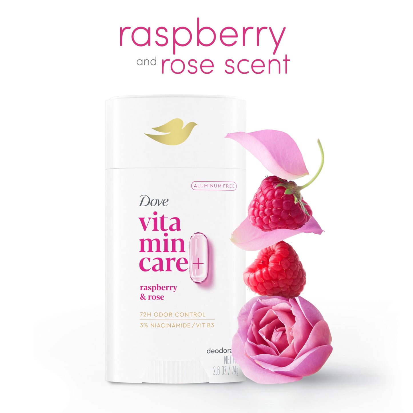 Dove VitaminCare+ Aluminum Free Deodorant Stick for 72H Odor Protection Raspberry & Rose Breathable Deodorant for Women 2.6 oz