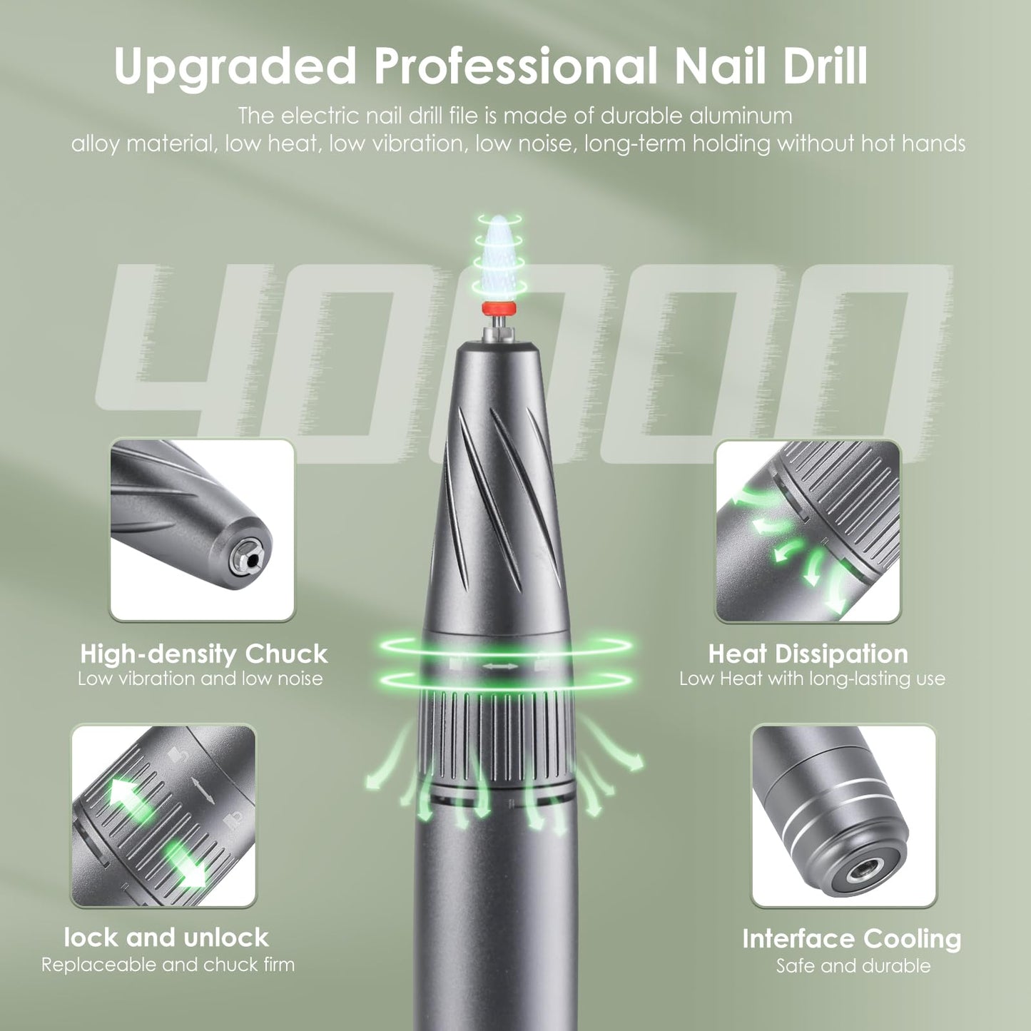 Electric Nail Drill Machine, 40000RPM Professional E File Nail Drill Kit for Gel Acrylic Nails,High Speed Low Vibration Low Heat Nail Grinding with LED Light, 7 Bits, F/R Rotation, LCD Screen (Grey)