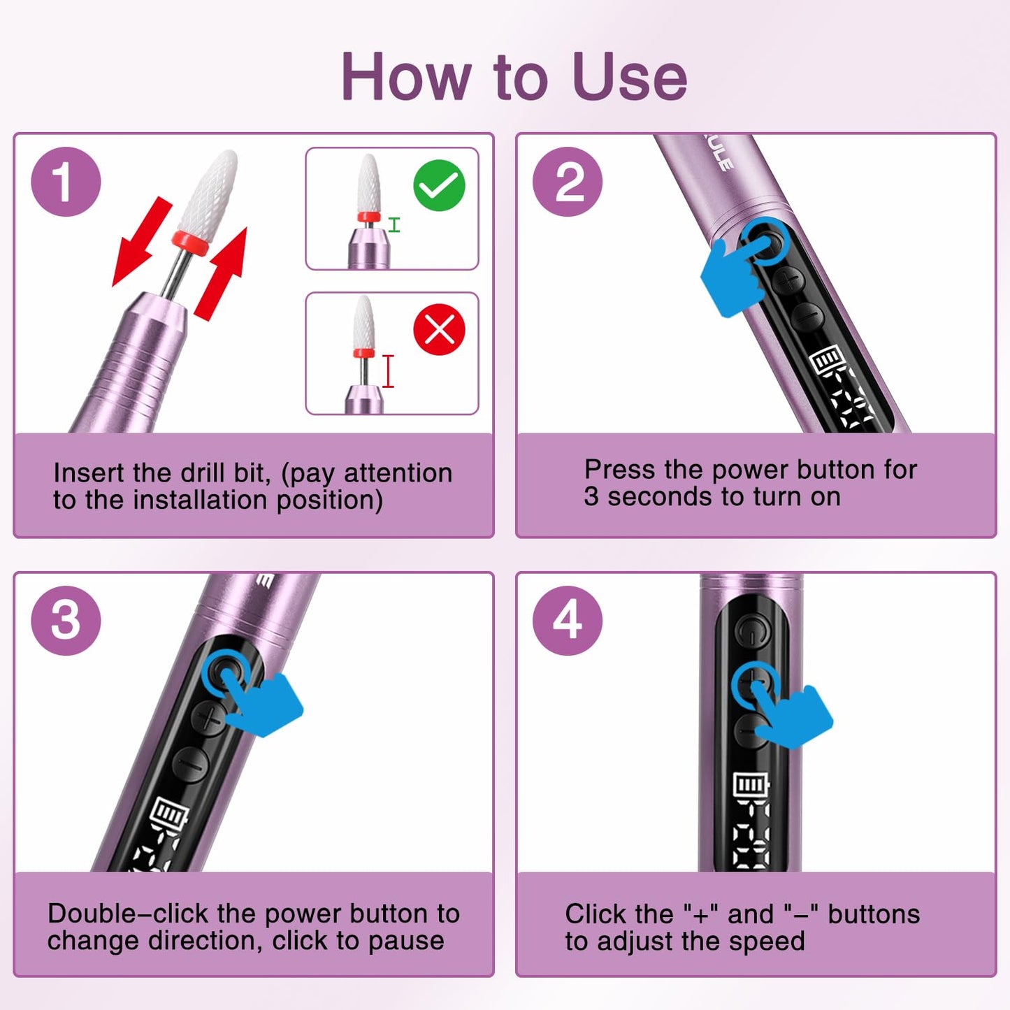 Electric Cordless Nail Drill File: LED Display Professional Portable Nail Drill for Acrylic Gel Dip Powder Nails Manicure Pedicure Kit Tool with Nail Drill Bits Sanding Bands, Purple