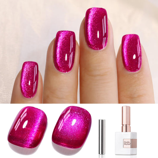 Double Rhythm 15ML Ice Glass Cat Eye Gel Polish with Magnet Holographic Glitter Shimmer Translucent Sheer Color Salon Soak Off Magnetic at Home (Purple Red-MC1072)