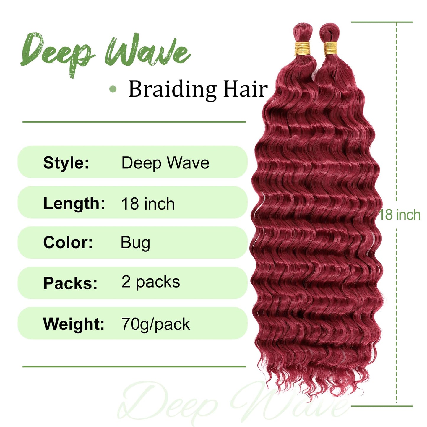 Eerya Long Curly Braiding Hair 18 Inch 2 Packs Burgundy Ocean Wave Crochet Hair for Black Women Deep Wave Braiding Hair for Boho Braids (18 inch, BUG)