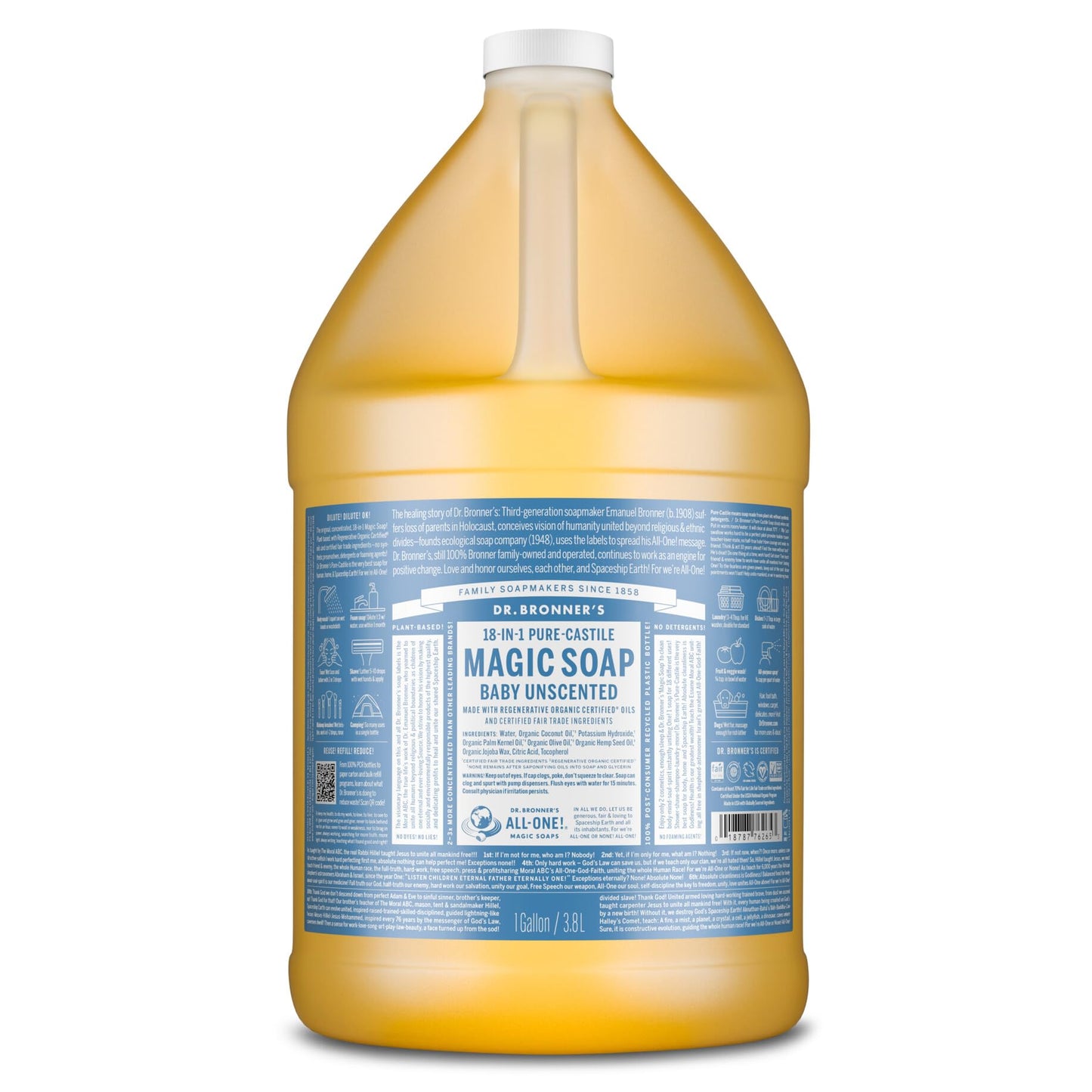 Dr. Bronner's Magic Soap - Pure-Castile Liquid Soap (Baby Unscented, 1 Gallon) -Regenerative Organic Certified Oils, 18-in-1 Uses: Face, Hair, Laundry & Dishes, For Sensitive Skin, No Fragrance, Vegan