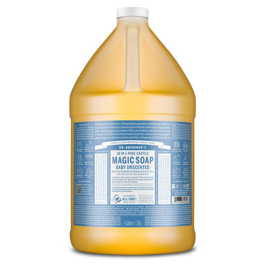 Dr. Bronner's Magic Soap - Pure-Castile Liquid Soap (Baby Unscented, 1 Gallon) -Regenerative Organic Certified Oils, 18-in-1 Uses: Face, Hair, Laundry & Dishes, For Sensitive Skin, No Fragrance, Vegan