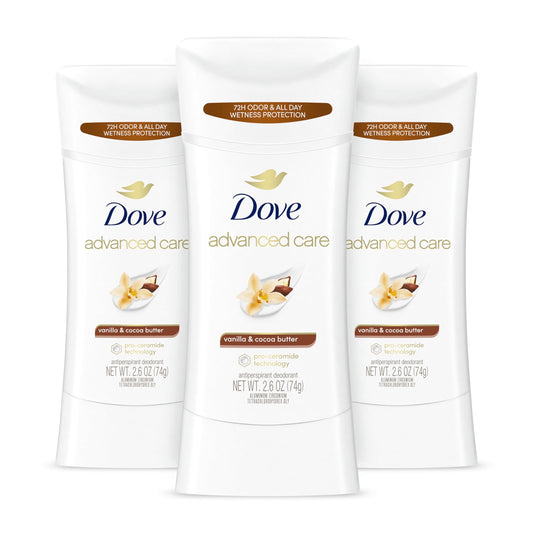 Dove Advanced Care Antiperspirant Deodorant Stick Vanilla & Cocoa Butter 3 Count Antiperspirant deodorant with Pro-Ceramide Technology 72-hour odor control and all-day sweat protection 2.6 oz