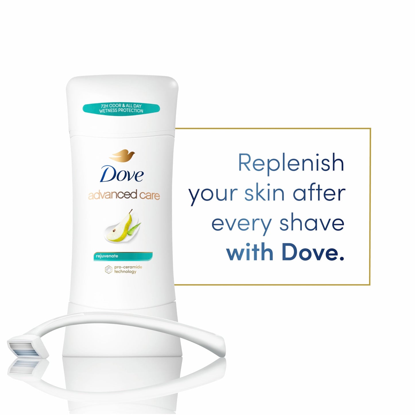 Dove Advanced Care Antiperspirant Deodorant Stick Rejuvenate 4 Count to help skin barrier repair after shaving by boosting skin's ceramide levels 72-hour odor control for soft underarms 2.6 oz