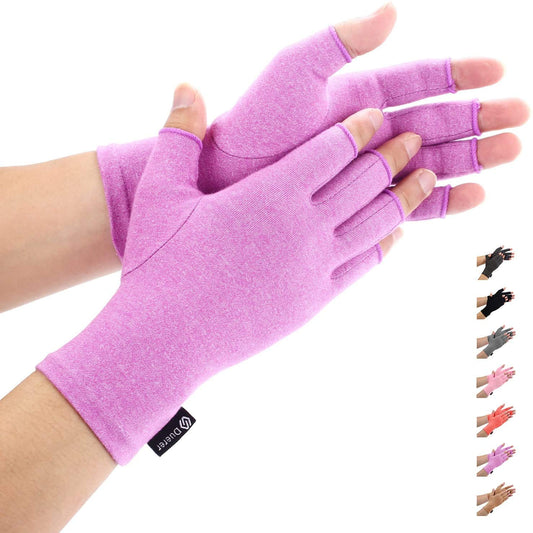 Duerer Arthritis Compression Gloves Women Men for RSI, Carpal Tunnel, Rheumatiod, Tendonitis, Fingerless Gloves for Computer Typing and Dailywork (Purple, S)