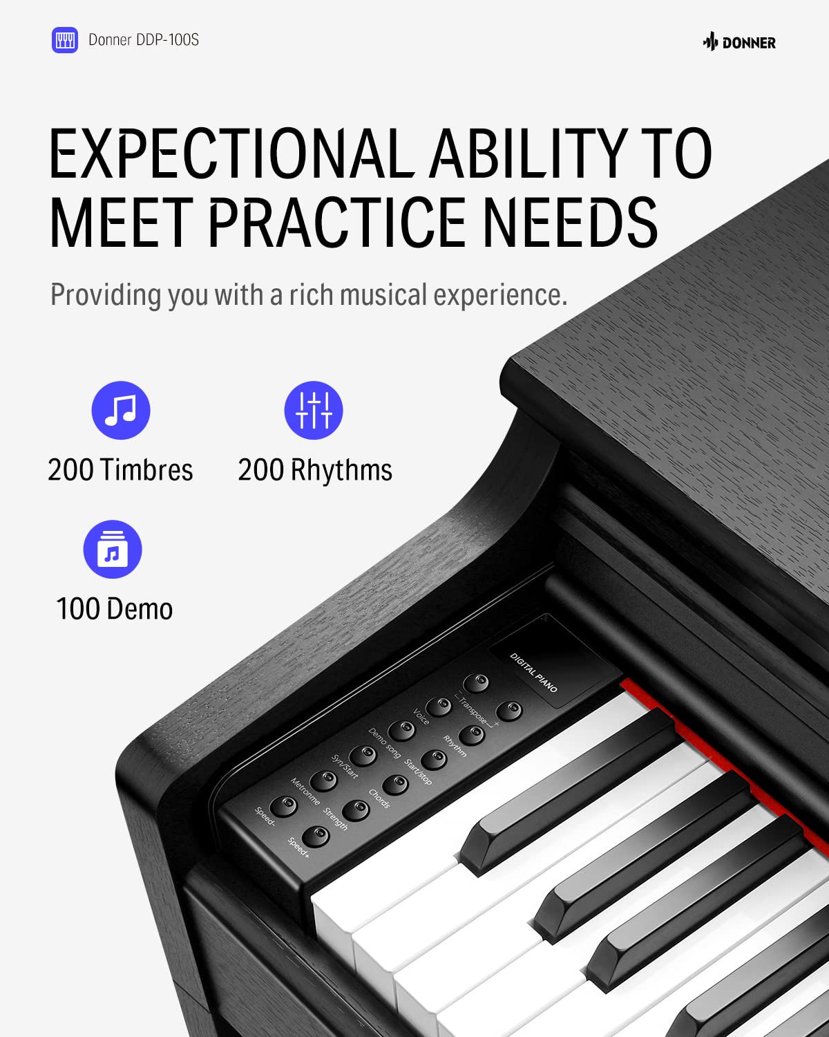 Donner DDP-100S Digital Piano 88 Key Weighted Graded Hammer-Action Piano Keyboard with MIDI In/Out, 200 Sounds & Rhythms, 100 Demo, Electric Piano with Bench for Beginner Professional