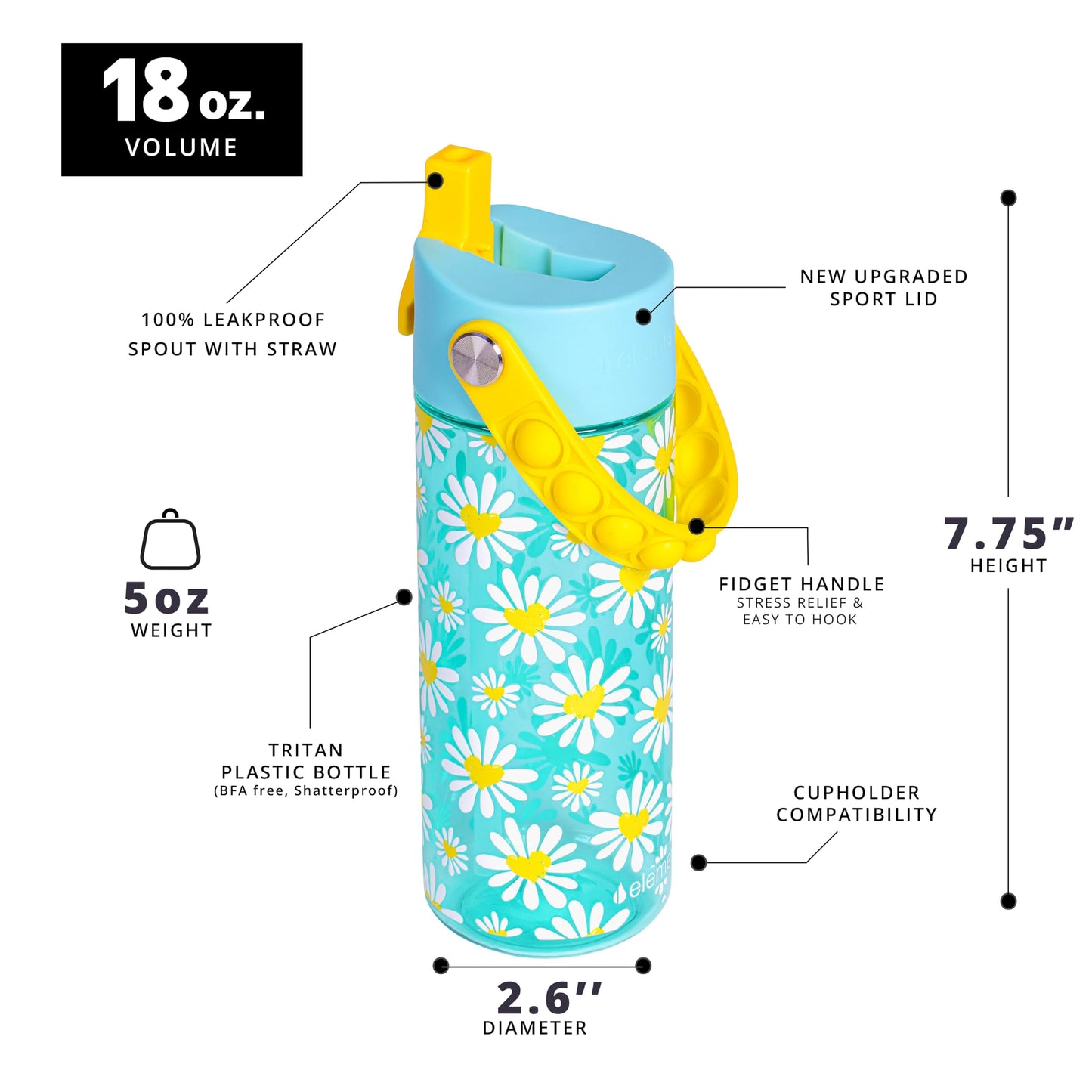 Elemental Leak Proof Water Bottles for Kids - Splash Kids Water Bottle for School with Fun Fidget Pop-it Handle - BPA Free Tritan Plastic Reusable Water Bottle with Straw - Daisy Heart - 18oz