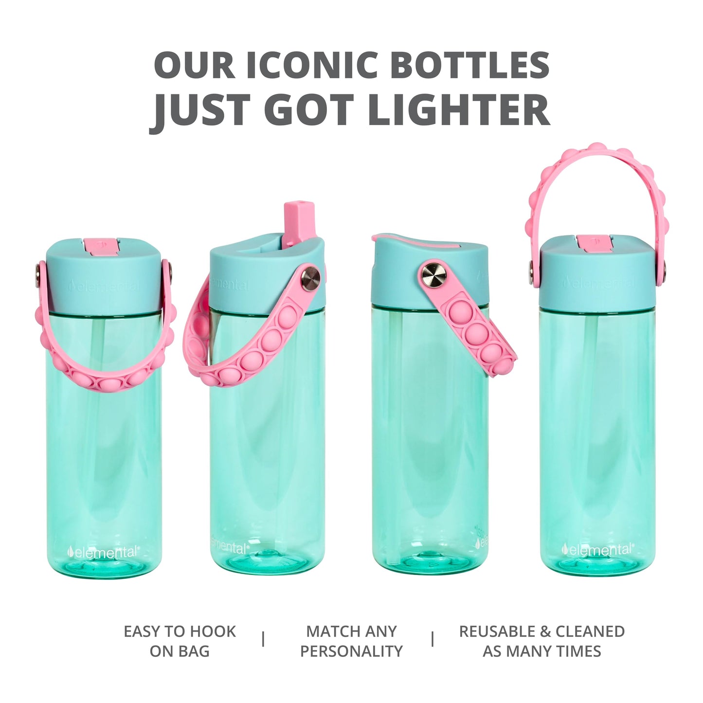 Elemental Leak Proof Water Bottles for Kids - Splash Kids Water Bottle for School with Fun Fidget Pop-it Handle - Tritan Plastic Water Bottle with Straw - Pink Unicorn & Robins Egg - 18oz (2 Pack)
