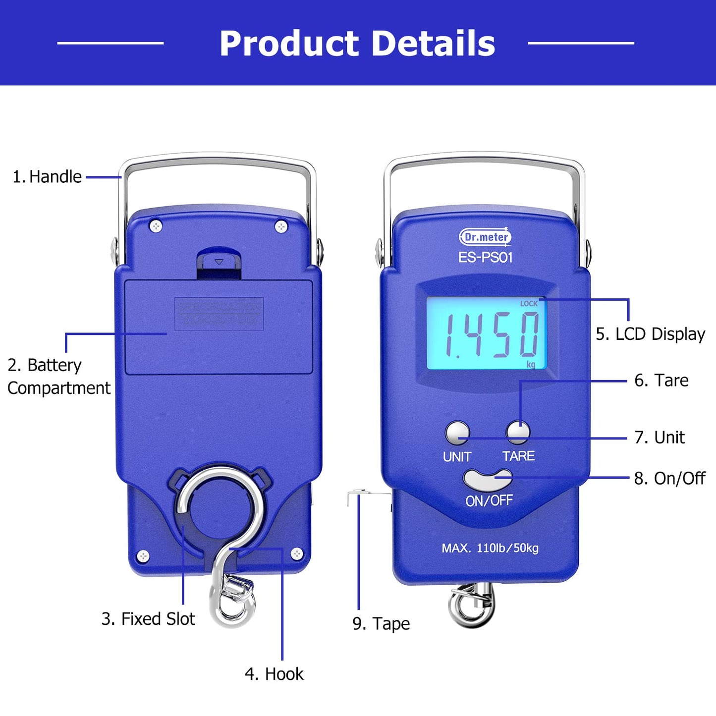 Dr.meter Fish scale, Backlit LCD Display 110lb/50kg PS01 Fishing Scale with Measuring Tape, Electronic Balance Digital Fishing Postal Hanging Hook Scale with 2 AAA Batteries-Fishing Gifts for Men,Blue